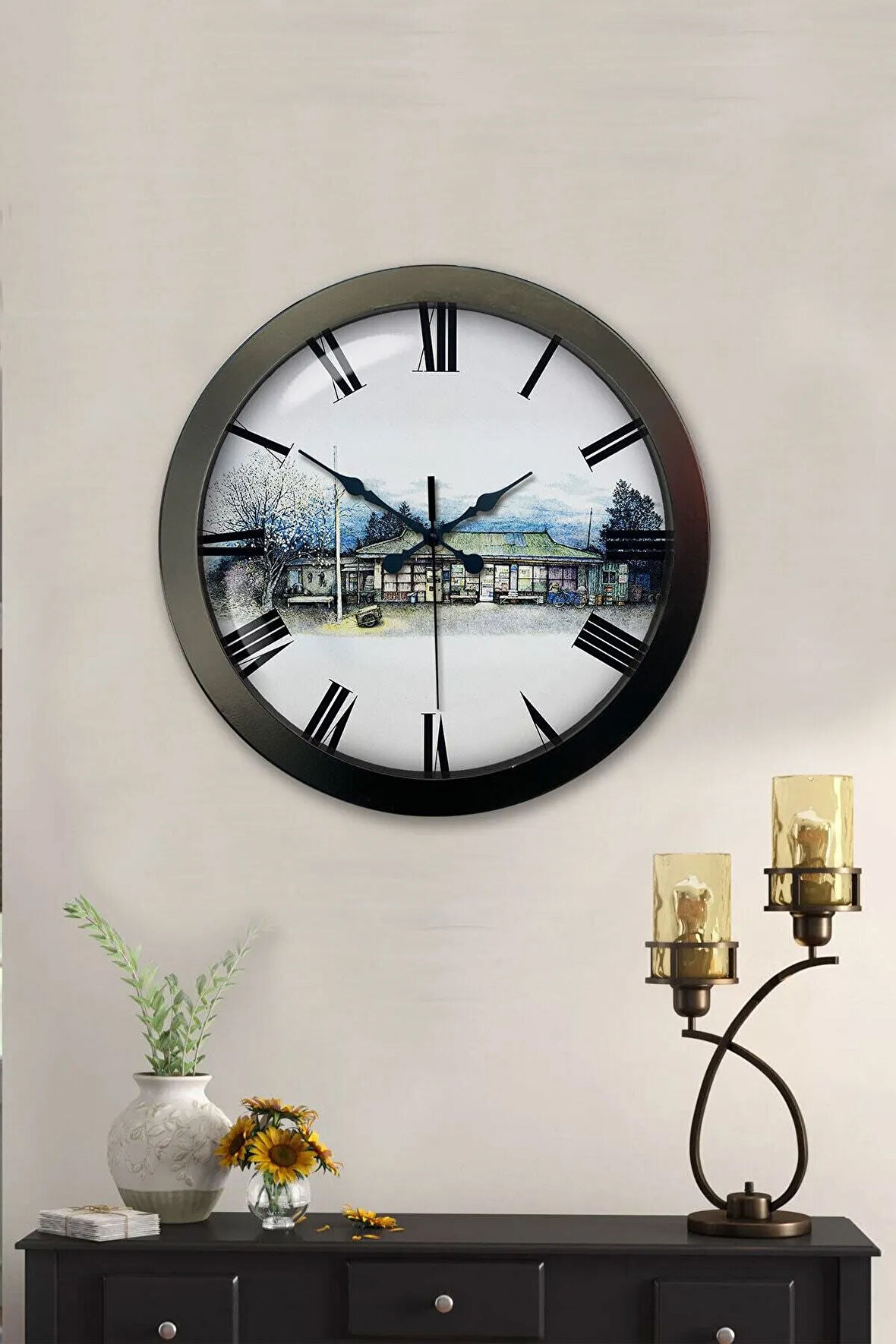 36 Cm Siyah Metal Köy Bakkalı Duvar Saati