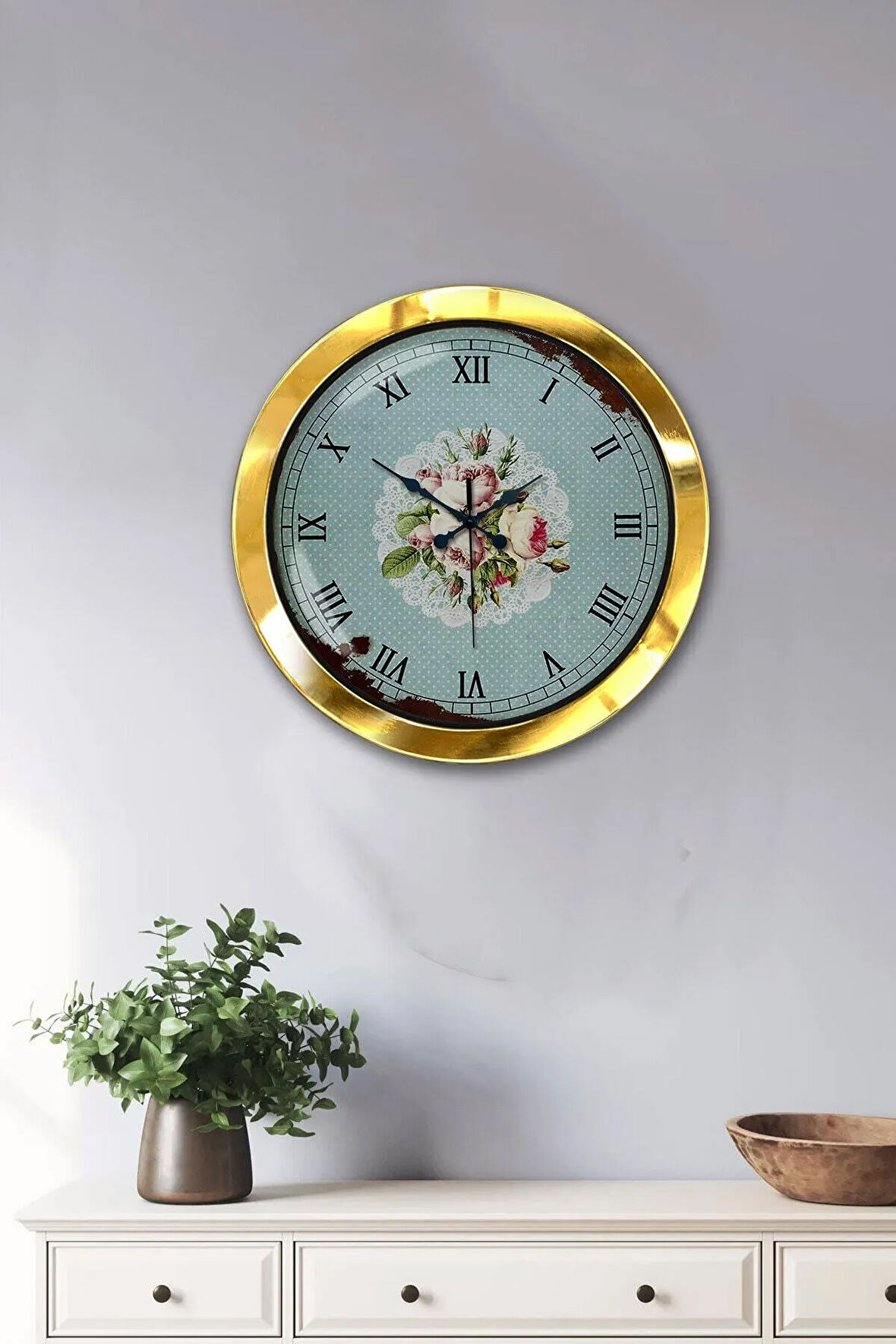 36 Cm Gold Metal Pink Rose Duvar Saati