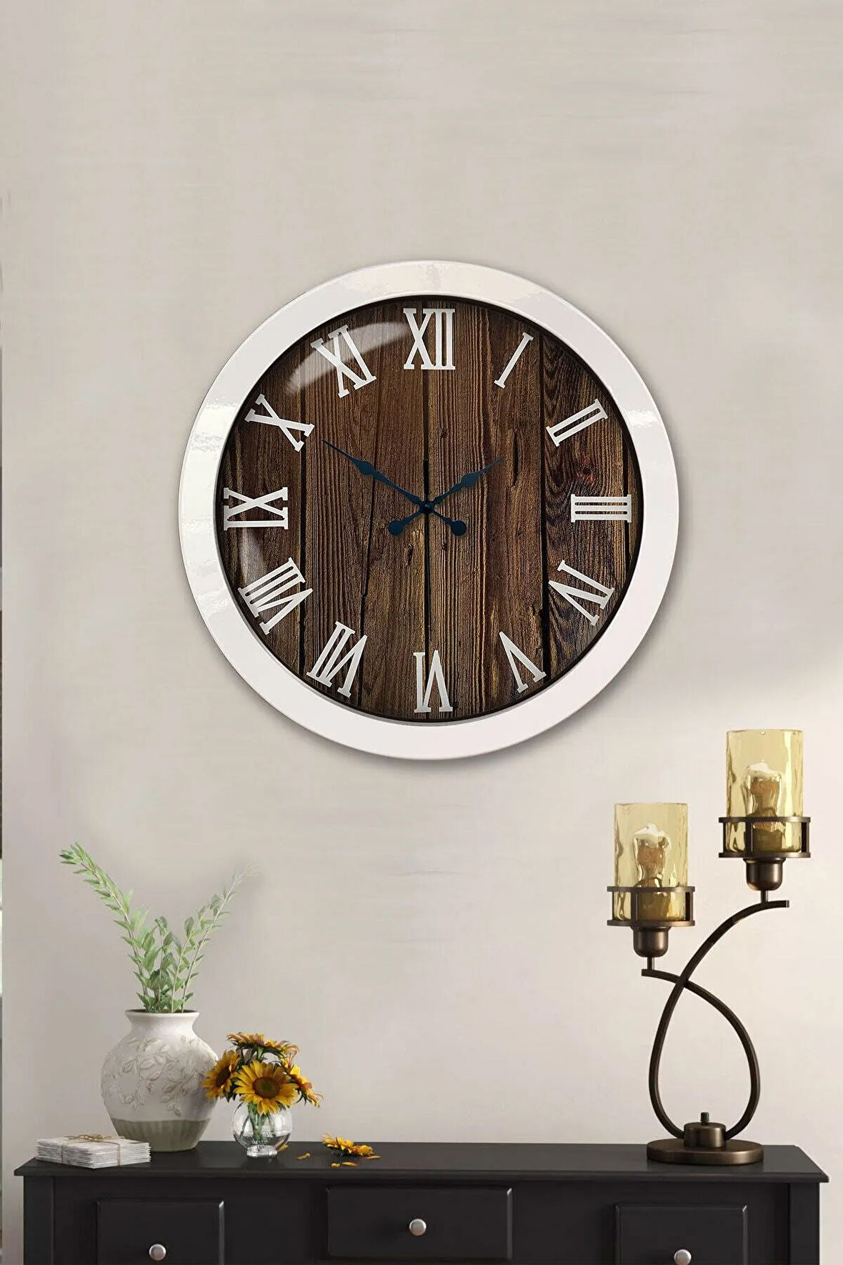 Hediyelik 36 Cm Beyaz Metal Wood Duvar Saati