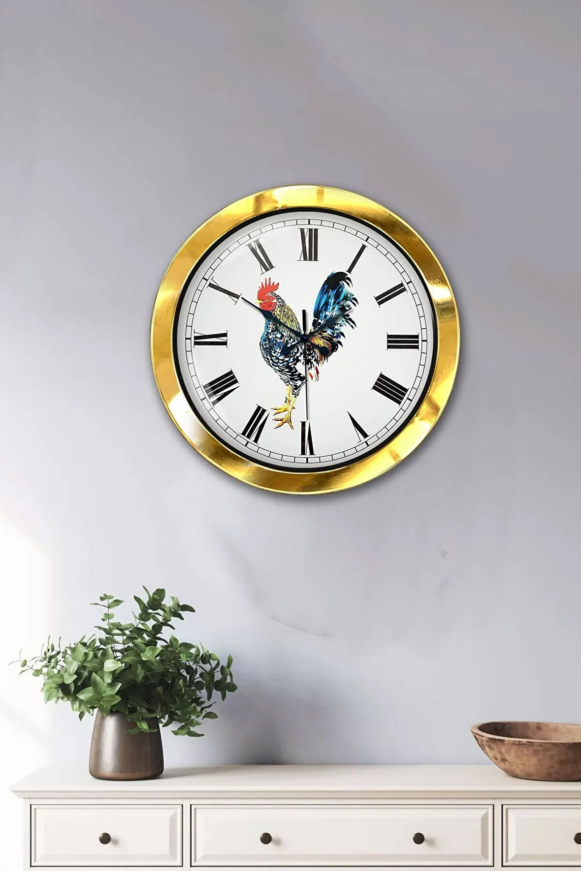 Hediyelik 36 Cm Gold Metal Horoz Duvar Saati