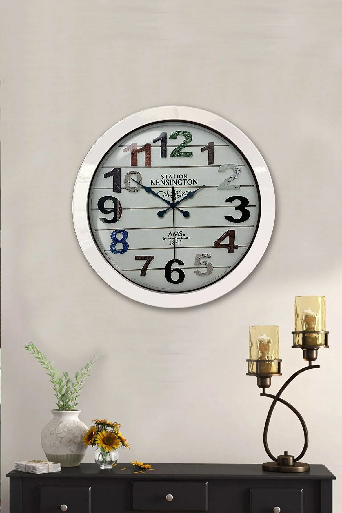 36 Cm Beyaz Metal Renkli Sayı Duvar Saati