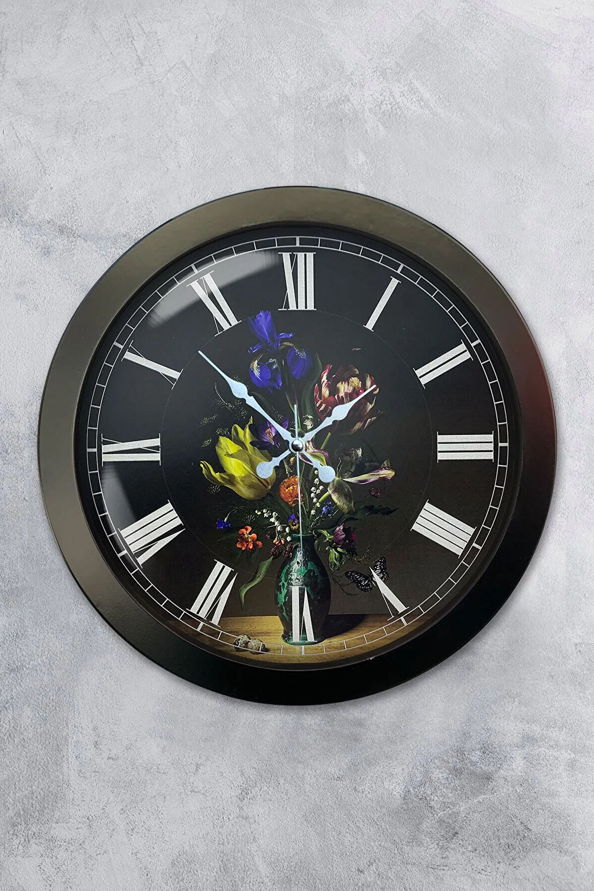 36 Cm Siyah Metal Vazolu Çiçek Duvar Saati