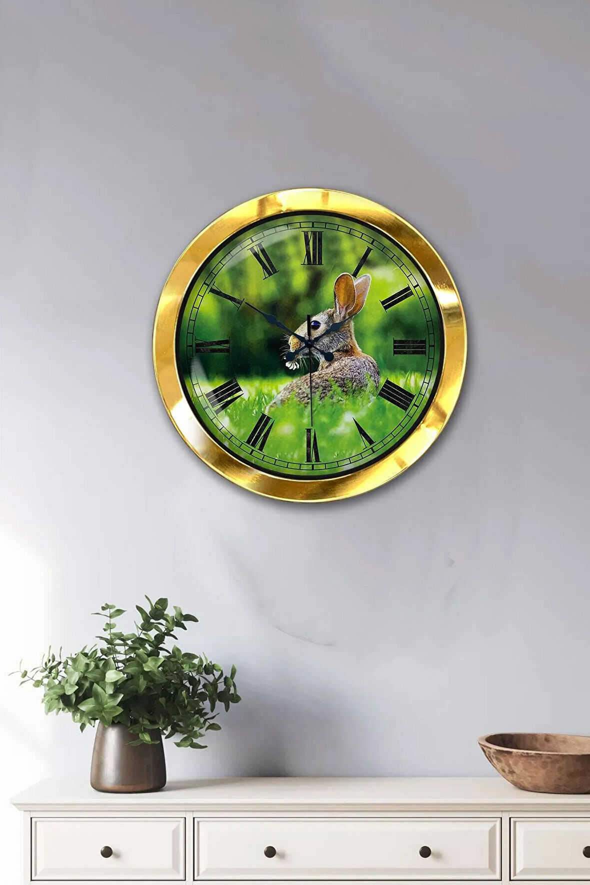 Hediyelik 36 Cm Gold Metal Tavşan Duvar Saati