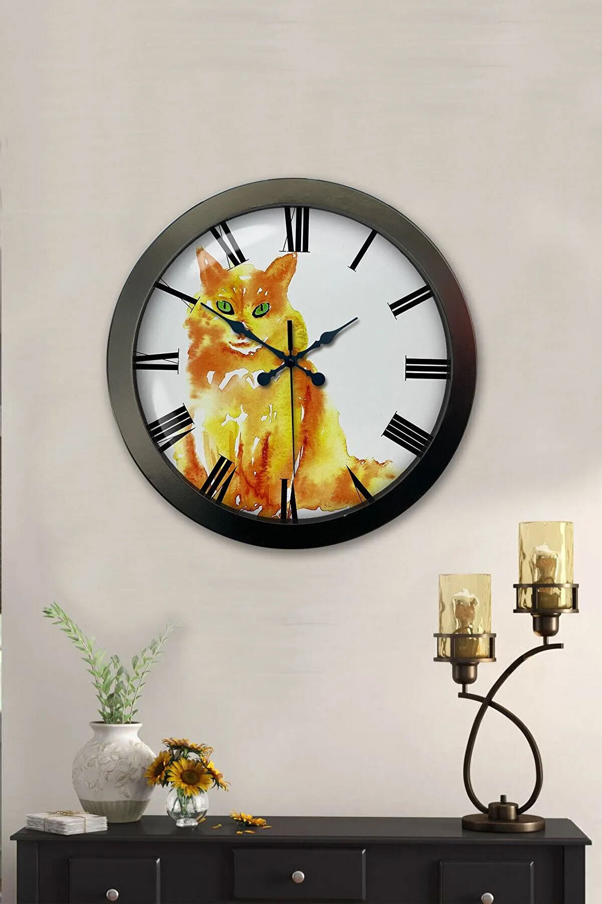 Hediyelik 36 Cm Siyah Metal Kedi Duvar Saati
