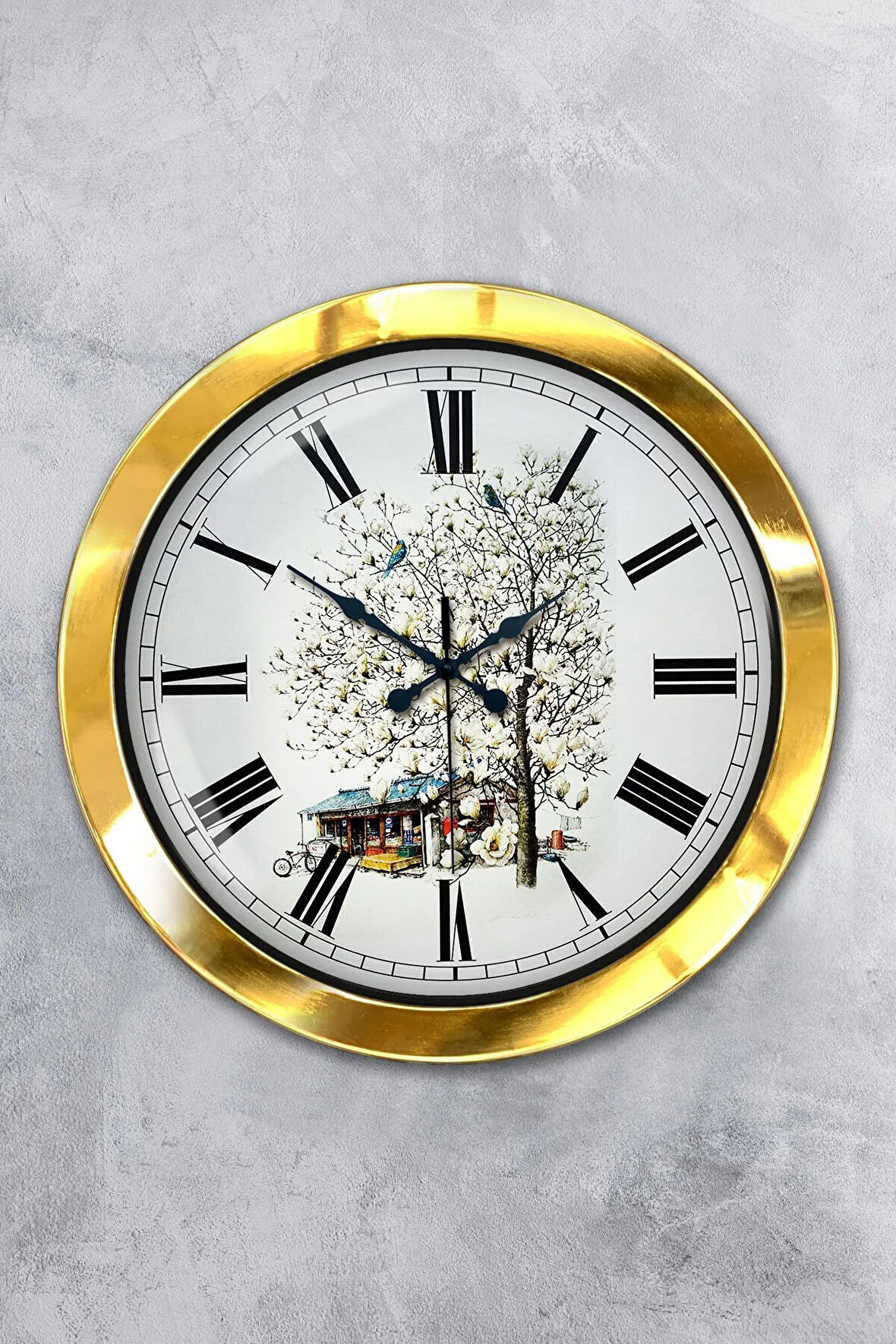 36 Cm Gold Metal Köy Evi Duvar Saati