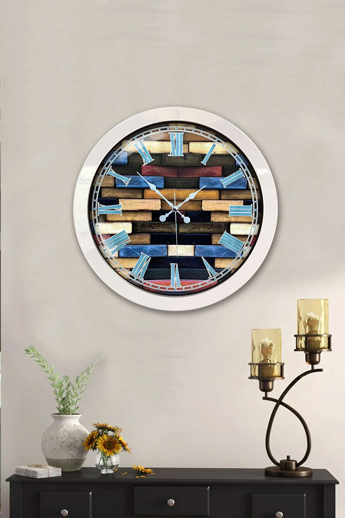 Hediyelik 36 Cm Beyaz Metal Wood Duvar Saati