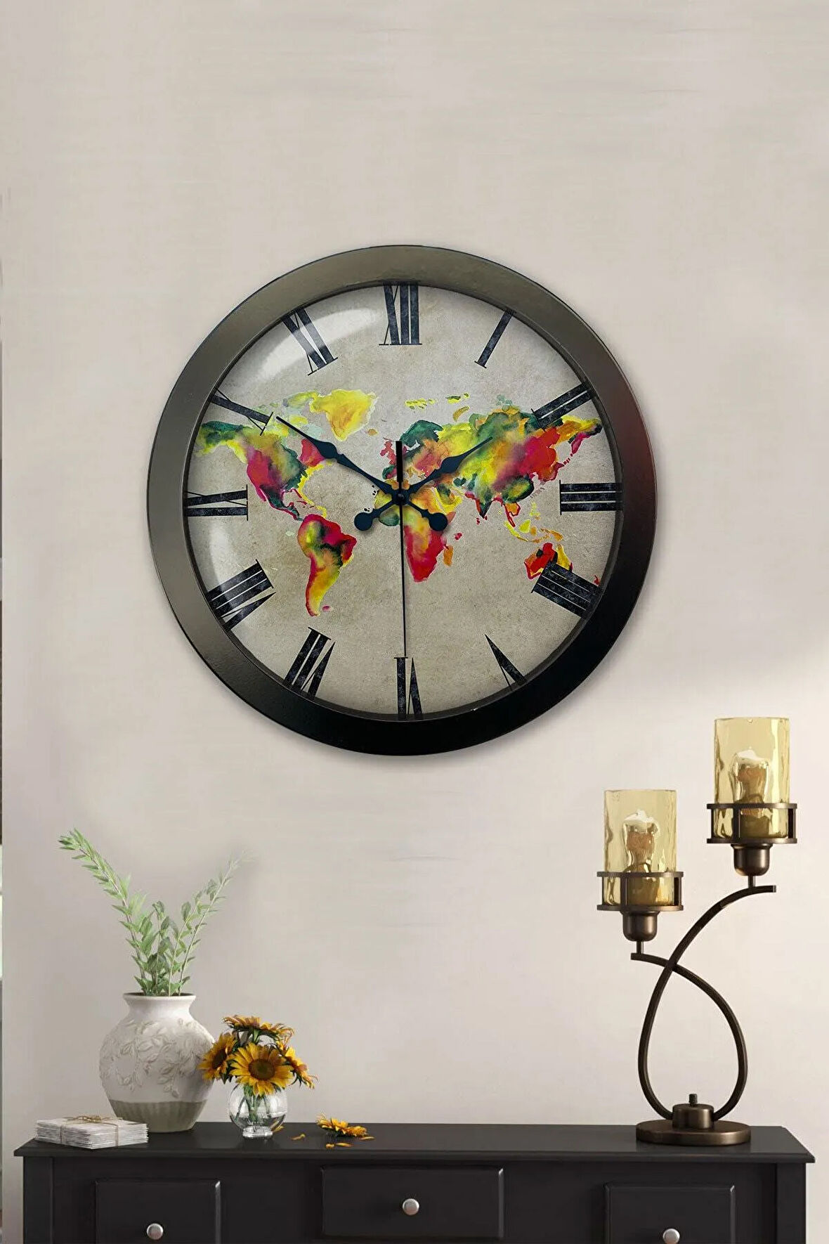 Hediyelik 36 Cm Siyah Metal Maps Duvar Saati