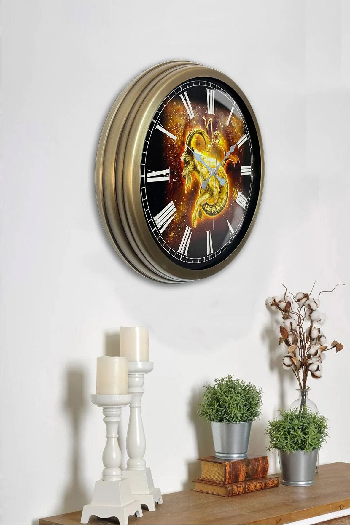 40 cm Eskitme Metal Oğlak Burcu Duvar Saati