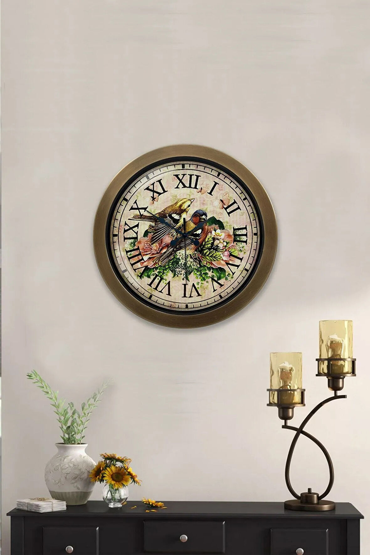 Hediyelik 36 Cm Eskitme Metal Kuş Duvar Saati