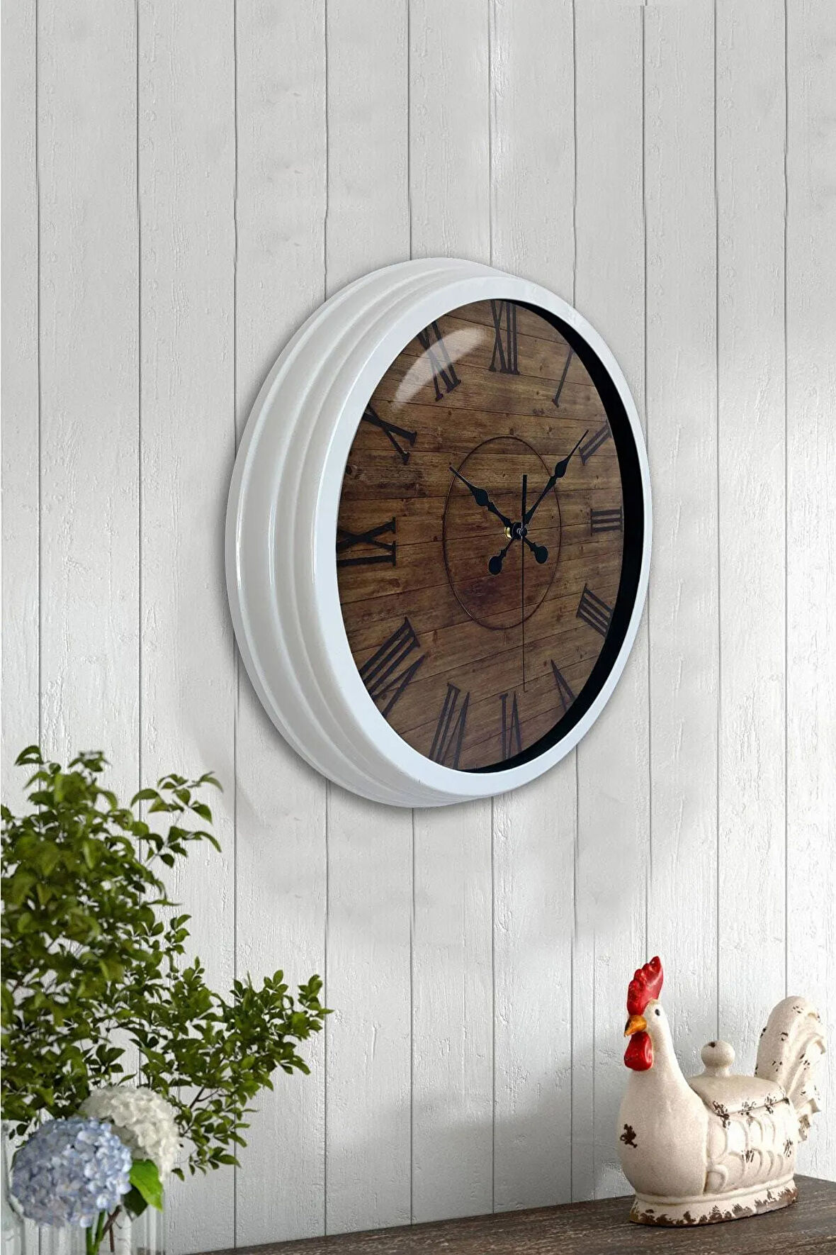 40 Cm Beyaz Metal Ahşap Görünümlü Duvar Saati