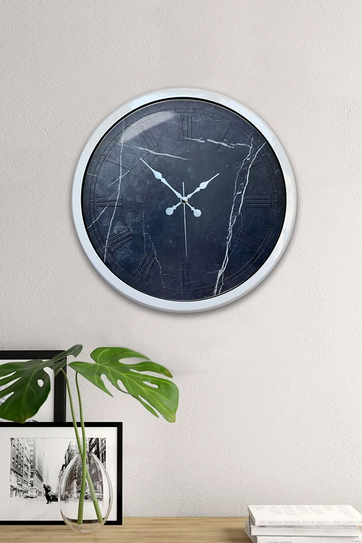40 Cm Beyaz Metal Black Marble Duvar Saati