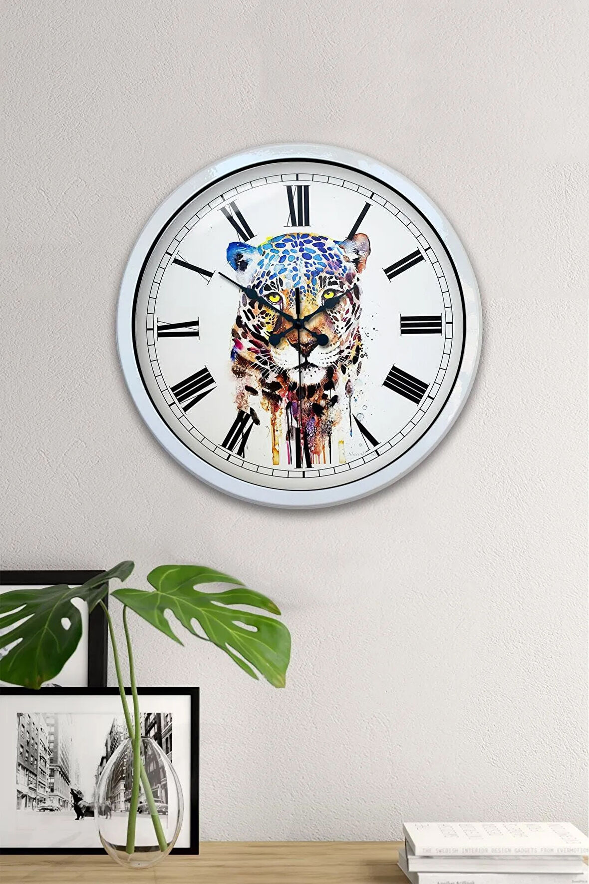 Hediyelik 40 Cm Beyaz Metal Kaplan Duvar Saati