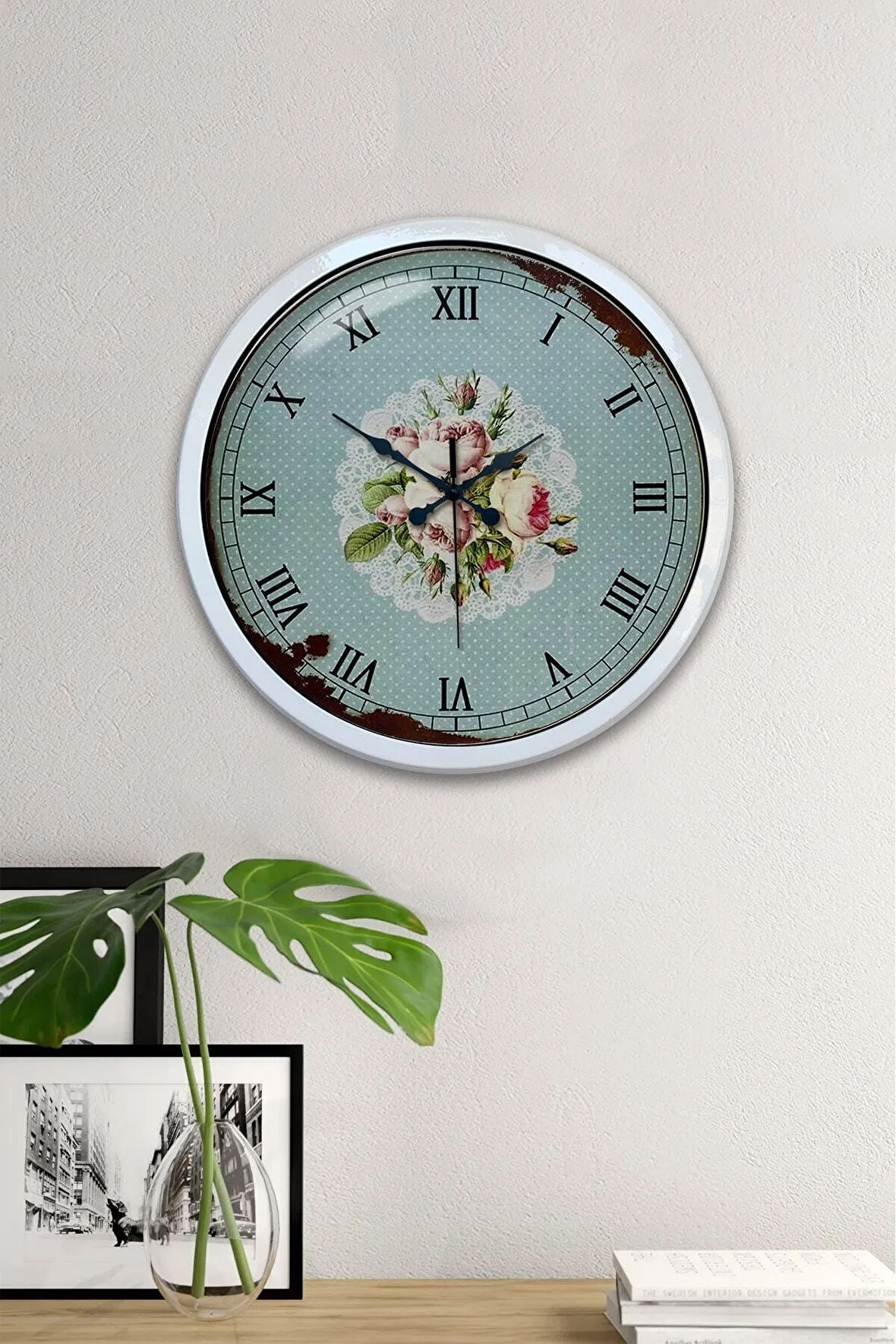 40 Cm Beyaz Metal Pink Rose Duvar Saati