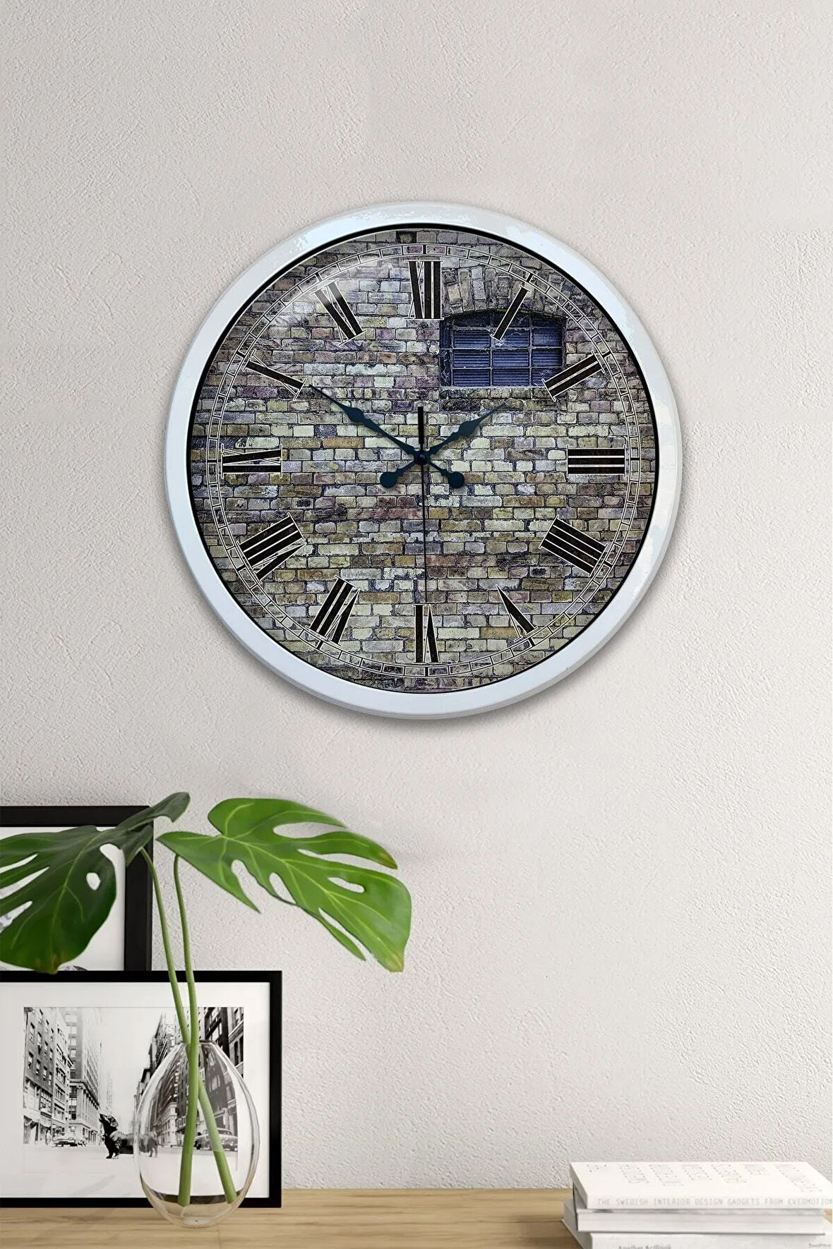 40 Cm Beyaz Metal Taş Yapı Duvar Saati