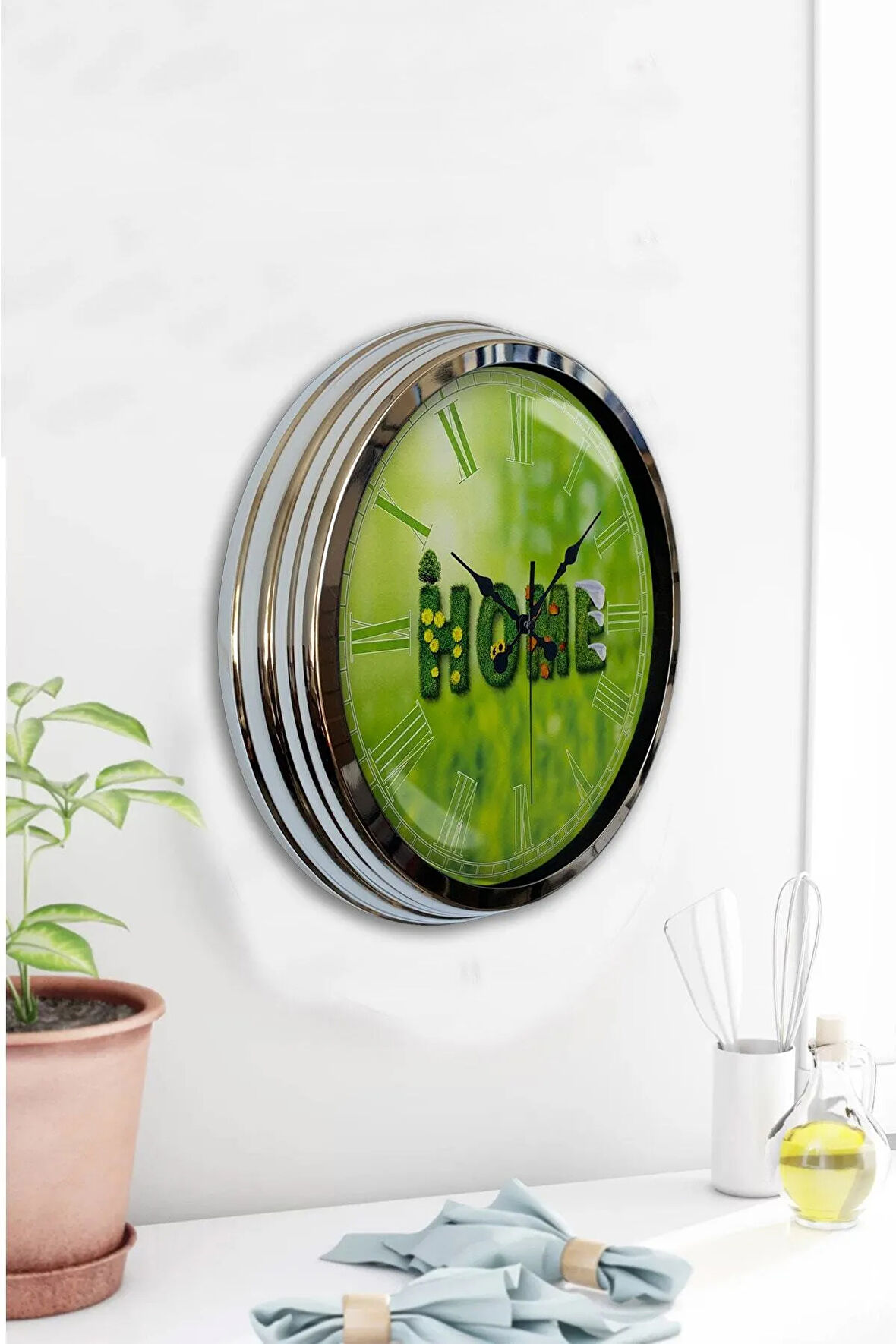 Hediyelik 40 Cm Krom Metal Home Duvar Saati