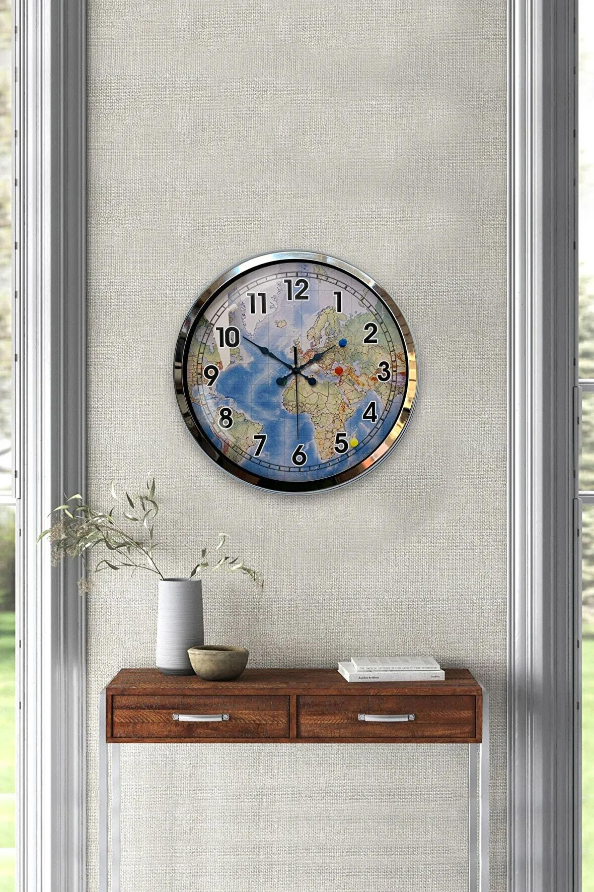 Hediyelik 40 Cm Krom Metal Harita Duvar Saati