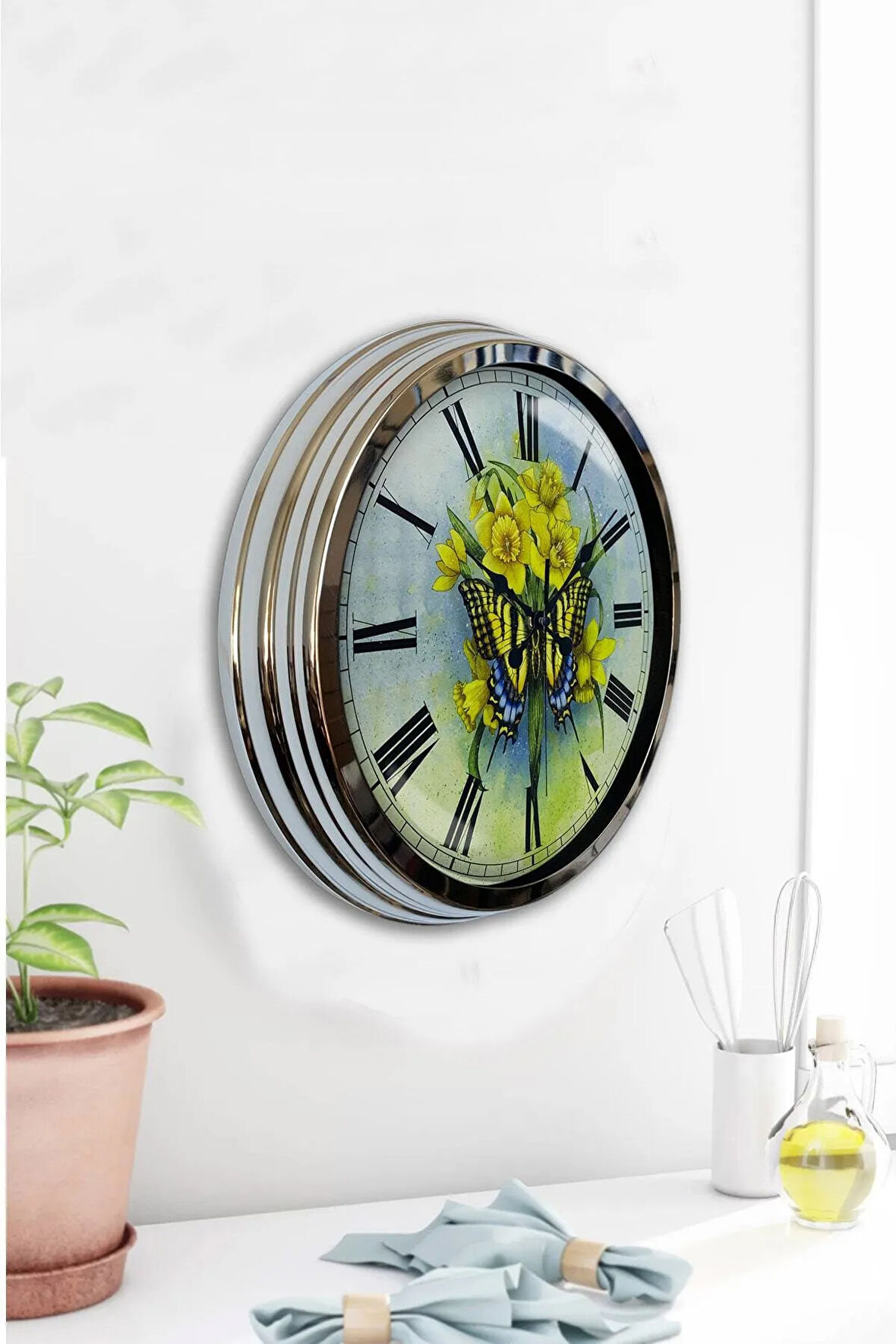 Hediyelik 40 Cm Krom Metal Kelebek Duvar Saati