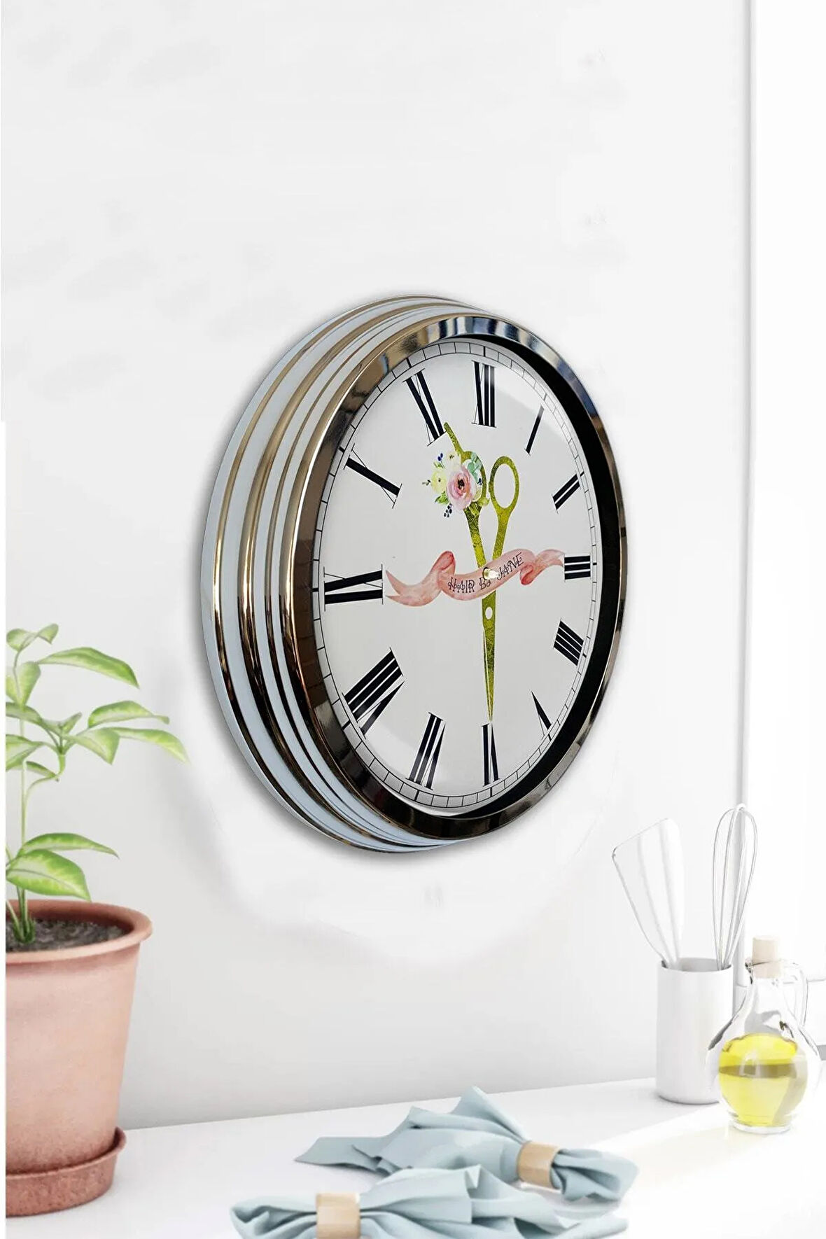 Hediyelik 40 Cm Krom Metal Kuaför Duvar Saati