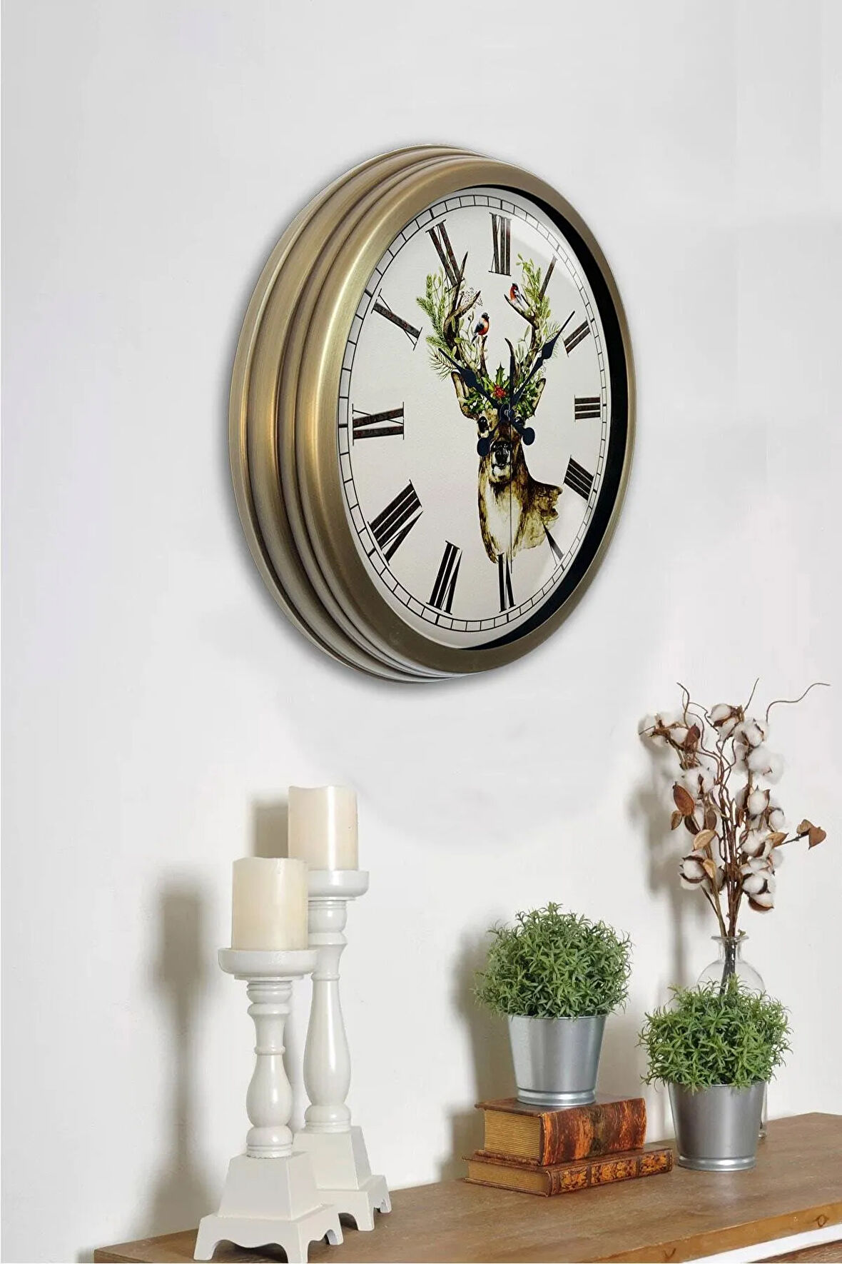 40 Cm Eskitme Metal Geyik Duvar Saati