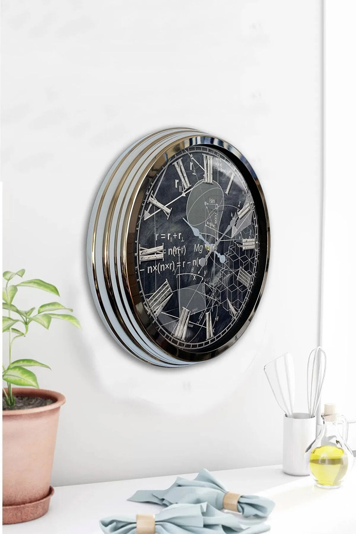 Hediyelik 40 Cm Krom Metal Matematik Duvar Saati