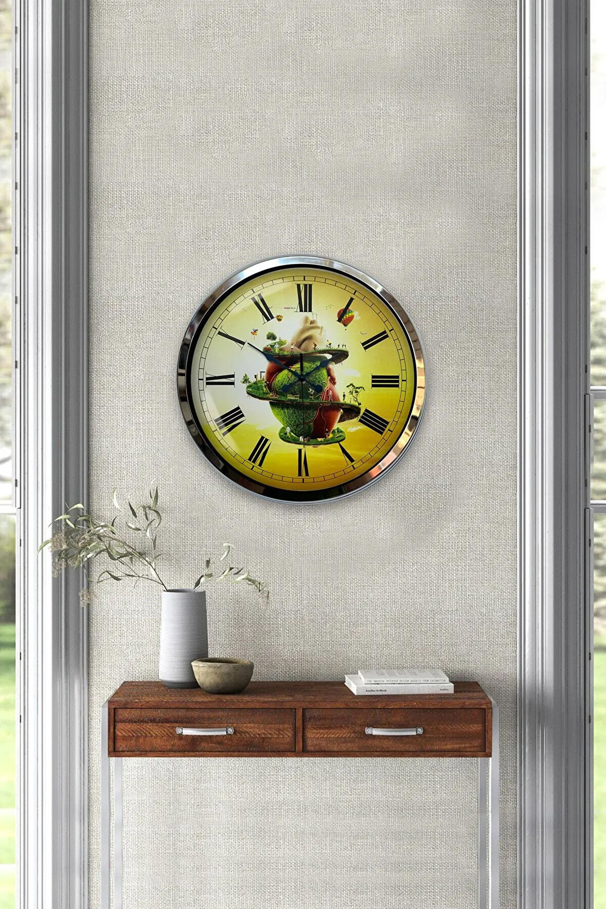 Hediyelik 40 Cm Krom Metal Naturel Duvar Saati