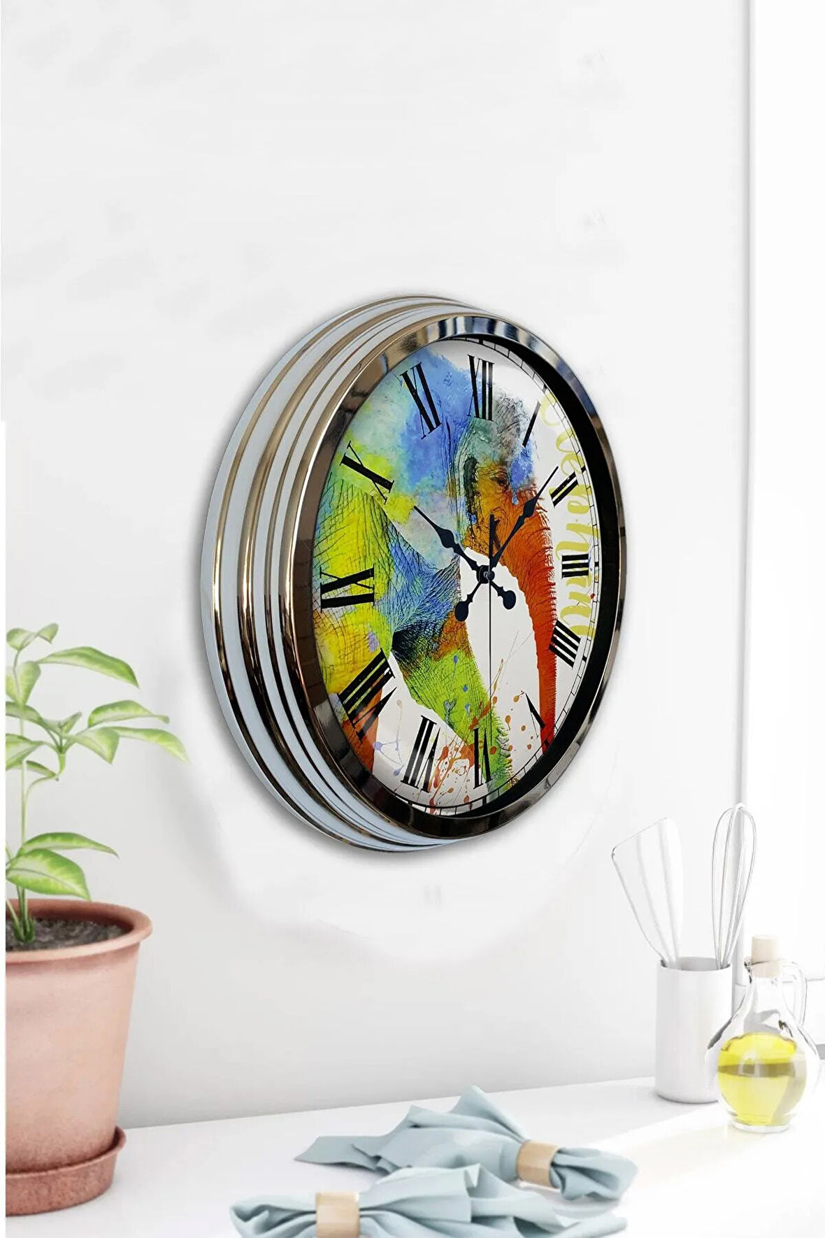 Hediyelik 40 Cm Krom Metal Rengarenk Duvar Saati