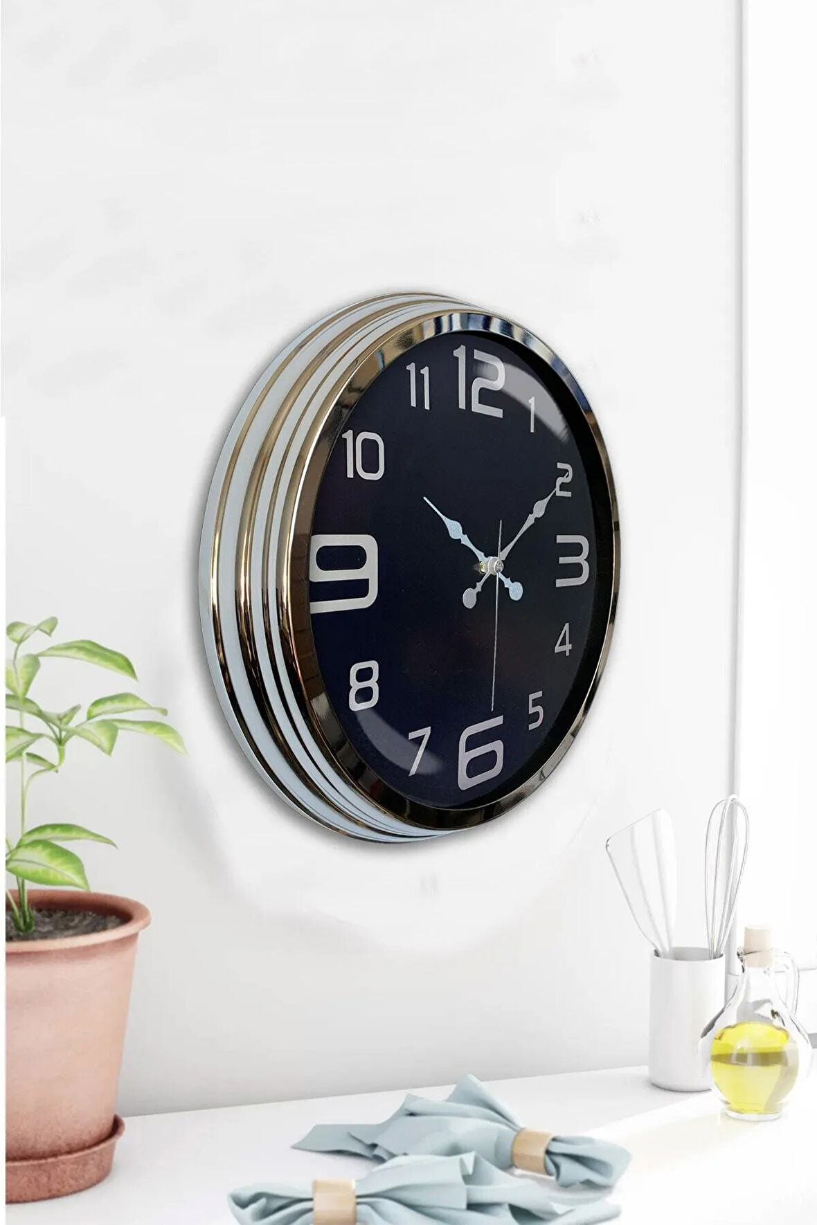 40 Cm Krom Metal Siyah Klasik Duvar Saati