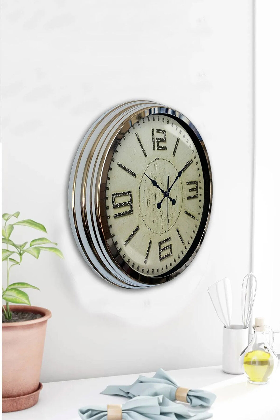 Hediyelik 40 Cm Krom Metal Retro Duvar Saati