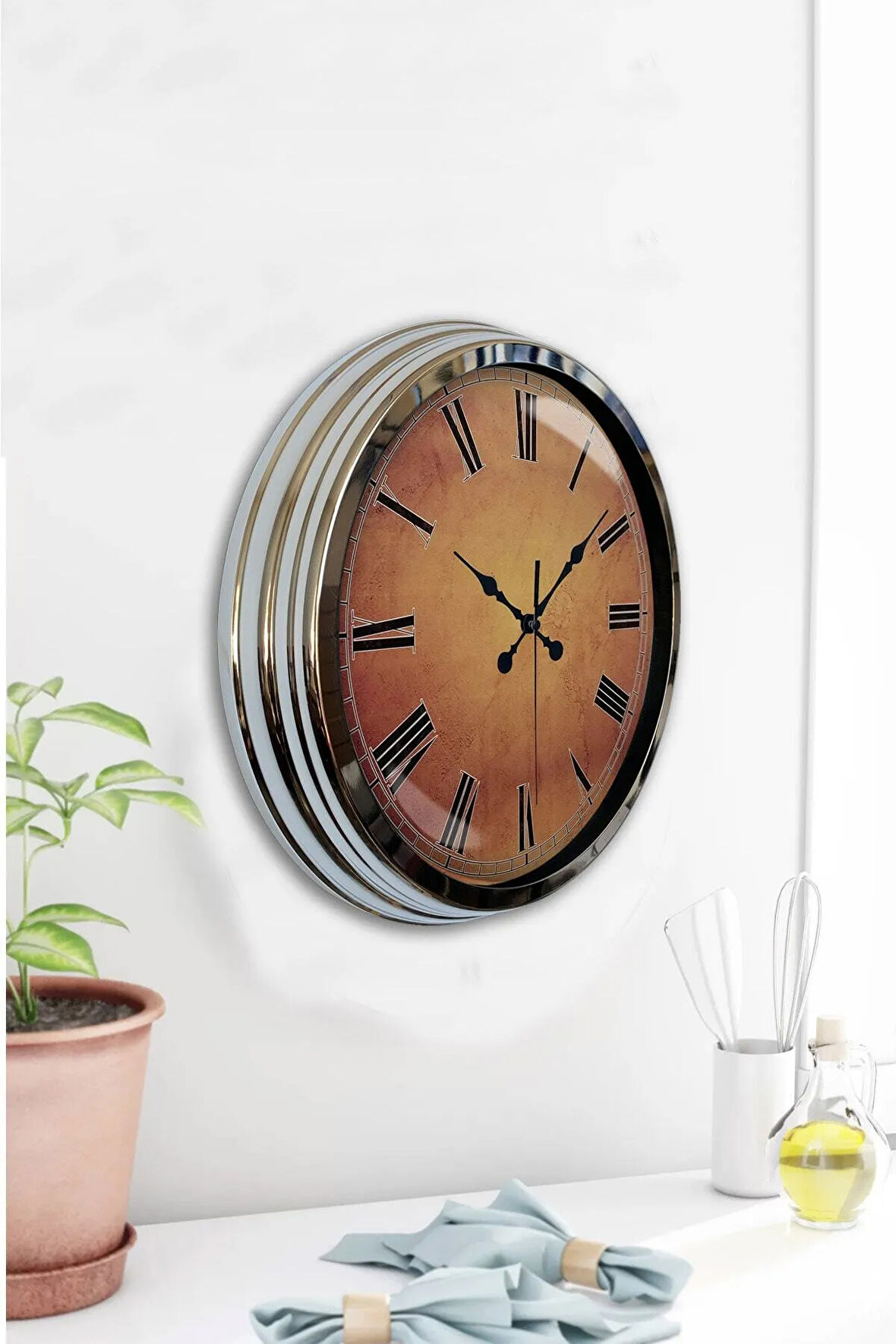 Hediyelik 40 Cm Krom Metal Turuncu Duvar Saati