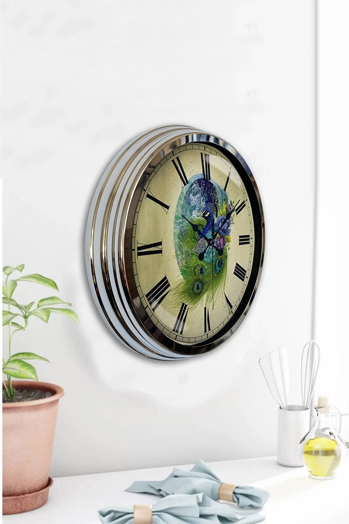 Hediyelik 40 Cm Krom Metal Tavuskuşu Duvar Saati