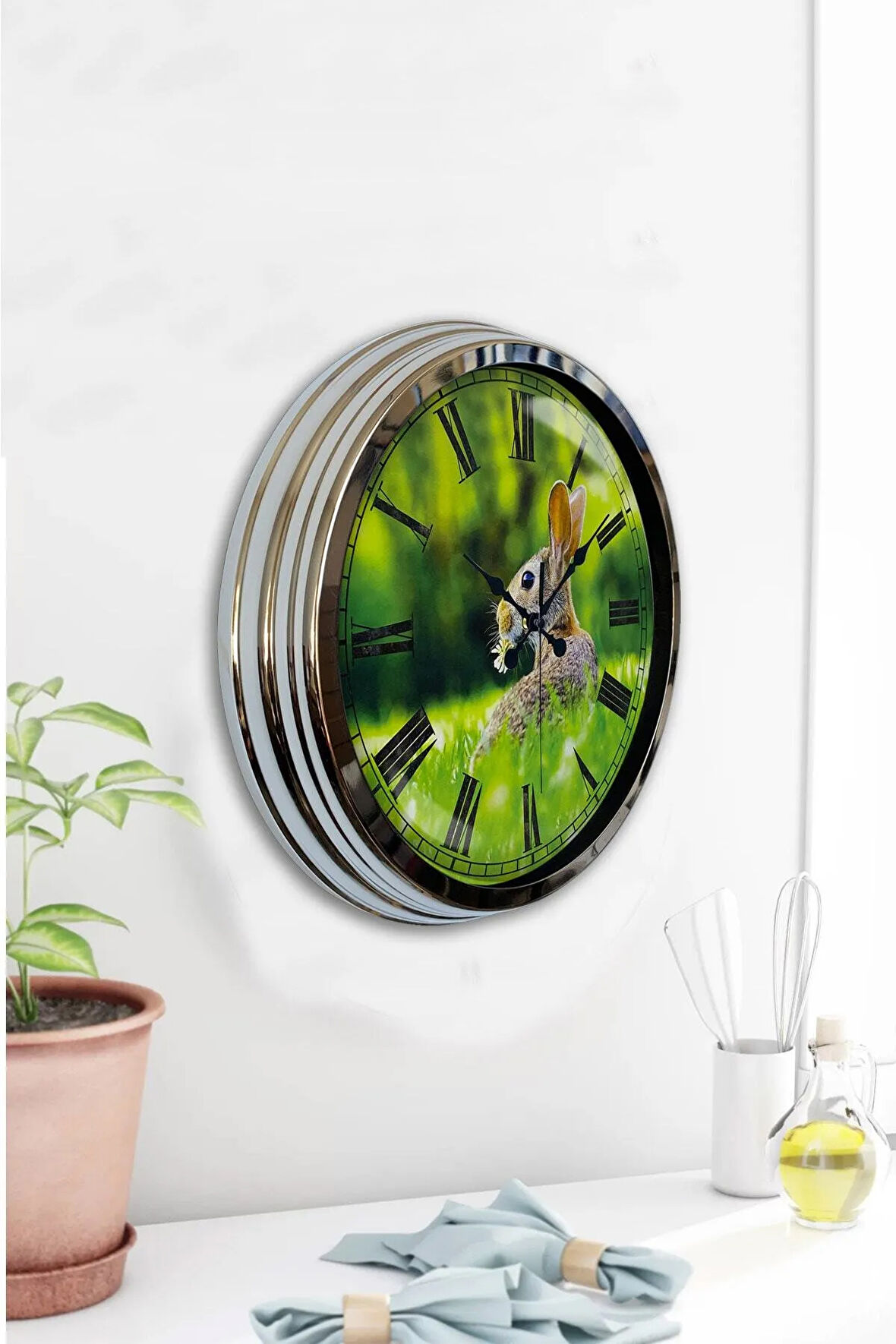 Hediyelik 40 Cm Krom Metal Tavşan Duvar Saati