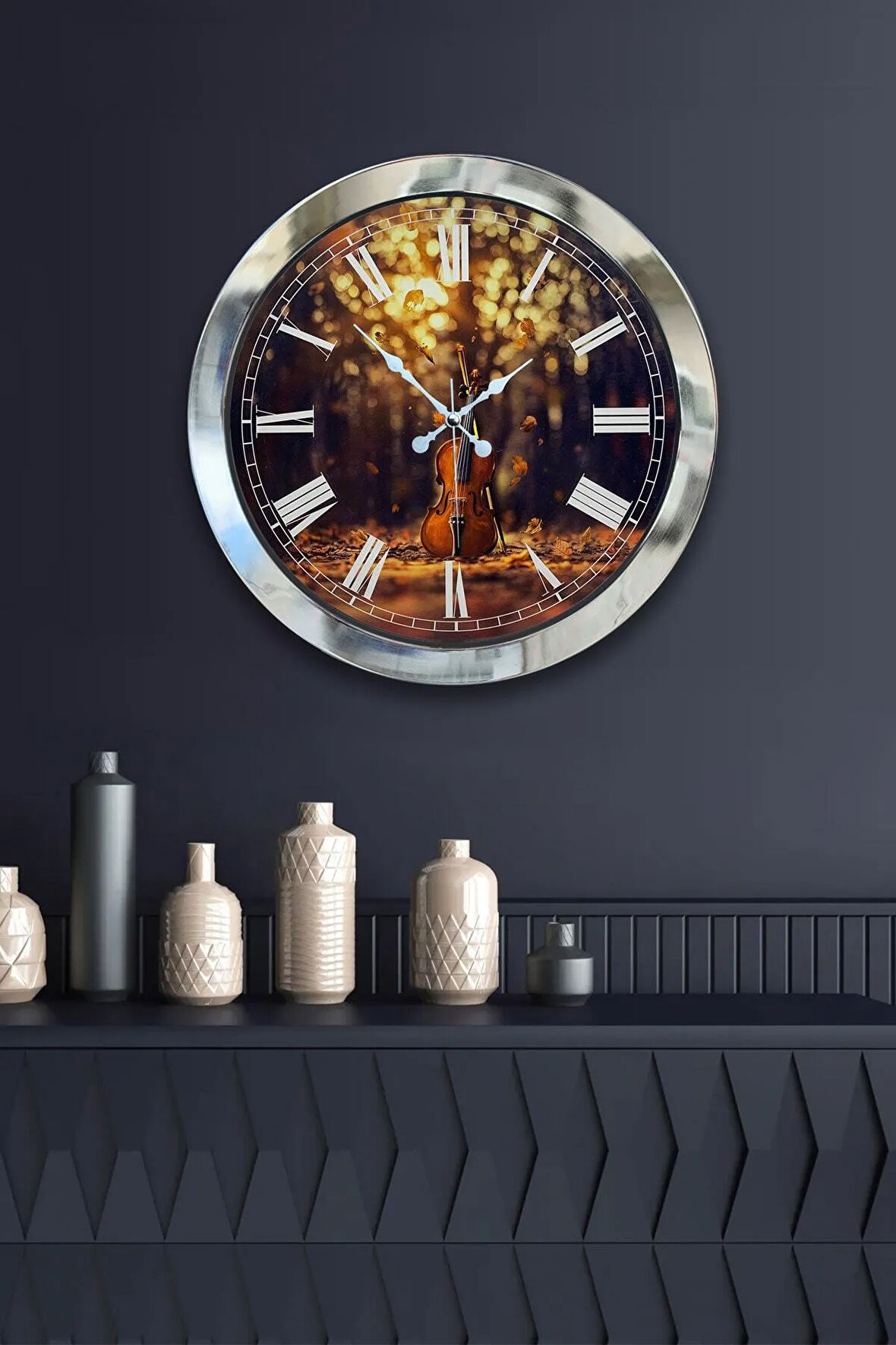 Hediyelik 36 Cm Krom Metal Çello Duvar Saati