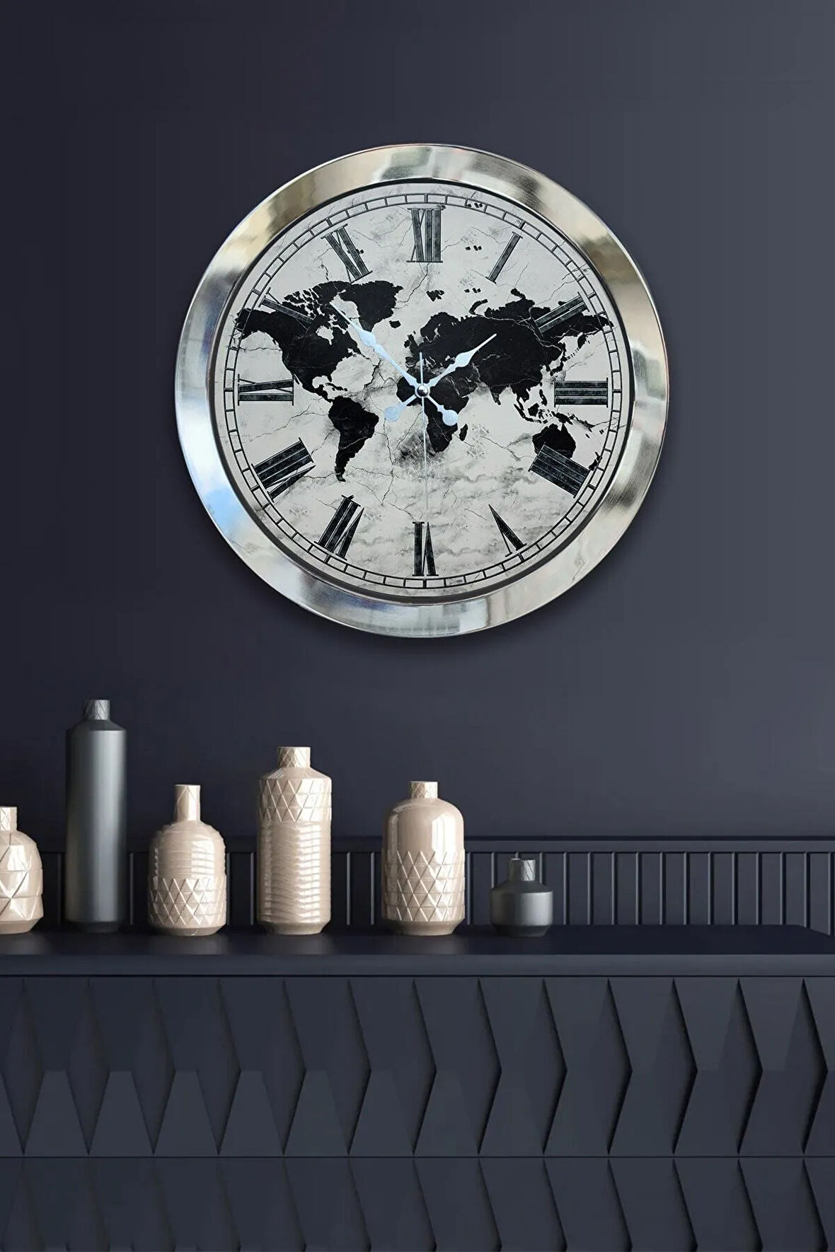 Hediyelik 36 Cm Krom Metal Harita Duvar Saati