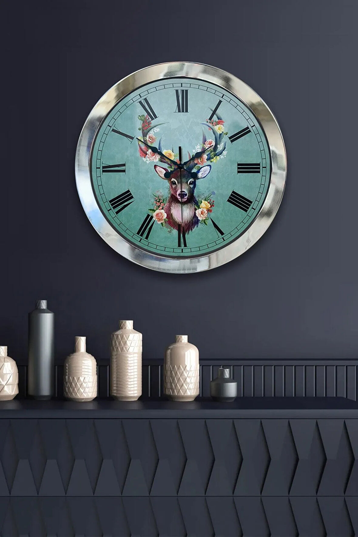 Hediyelik 36 Cm Krom Metal Geyik Duvar Saati