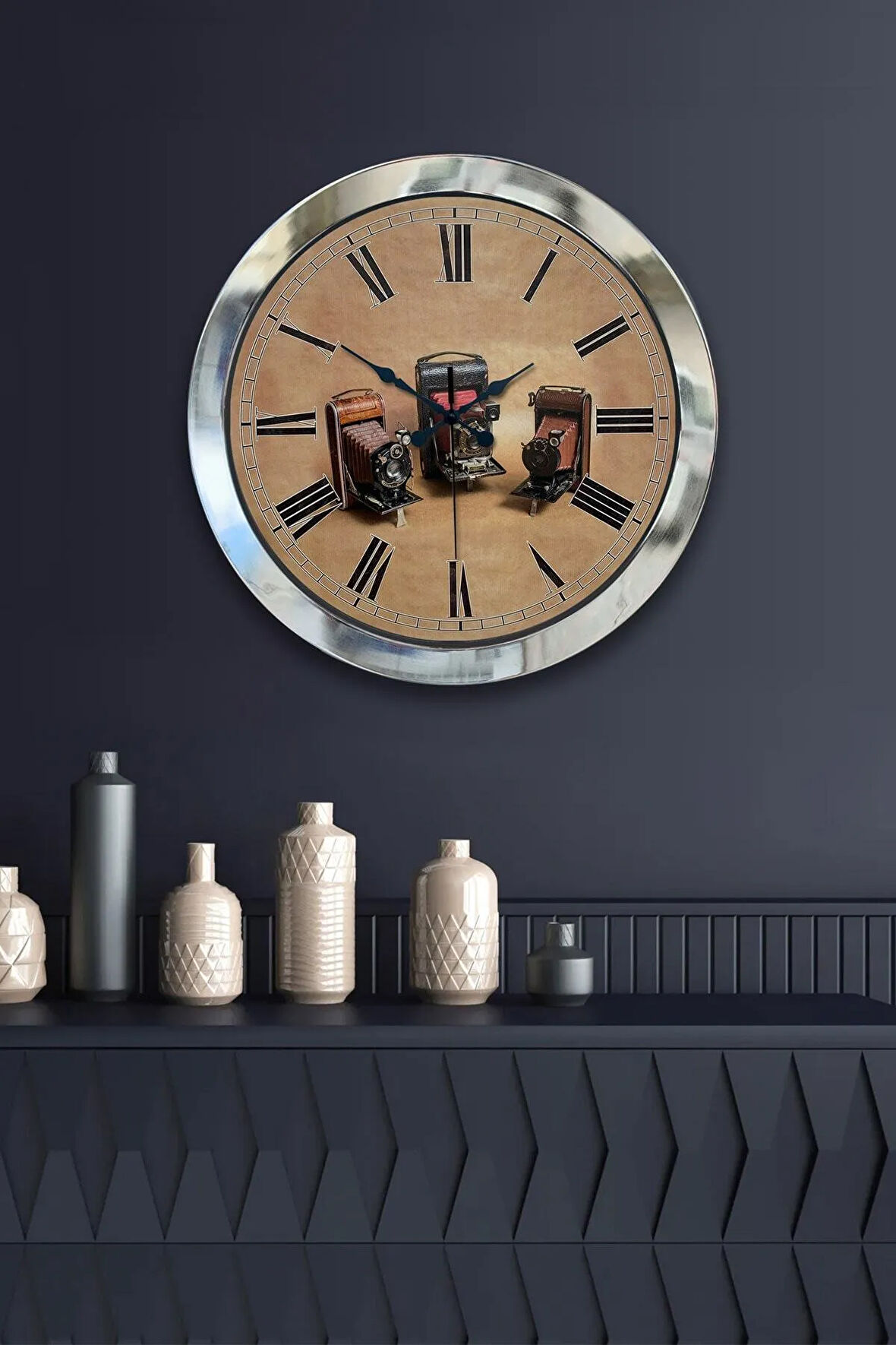 36 Cm Krom Metal Fotoğraf Makinesi Duvar Saati