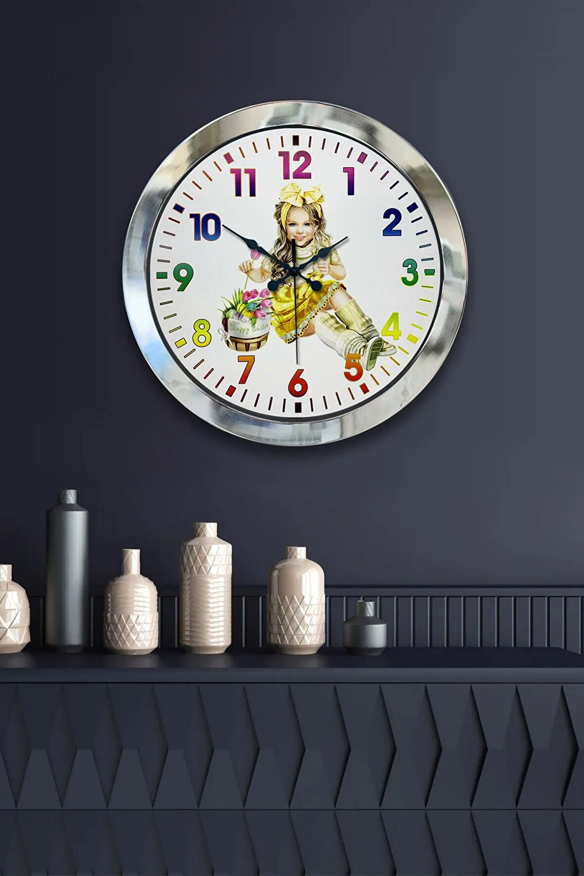 36 Cm Krom Metal Genç Kız Duvar Saati