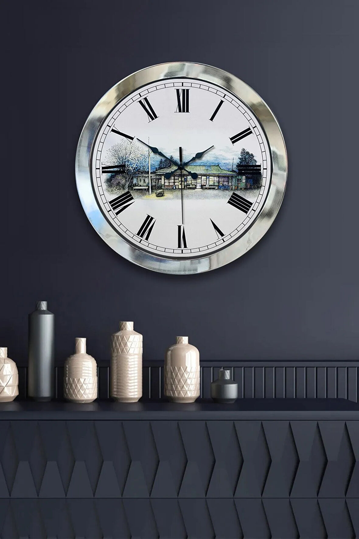 36 Cm Krom Metal Köy Bakkalı Duvar Saati