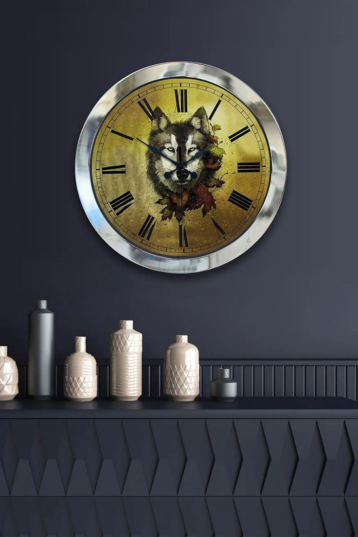 Hediyelik 36 Cm Krom Metal Kurt Duvar Saati