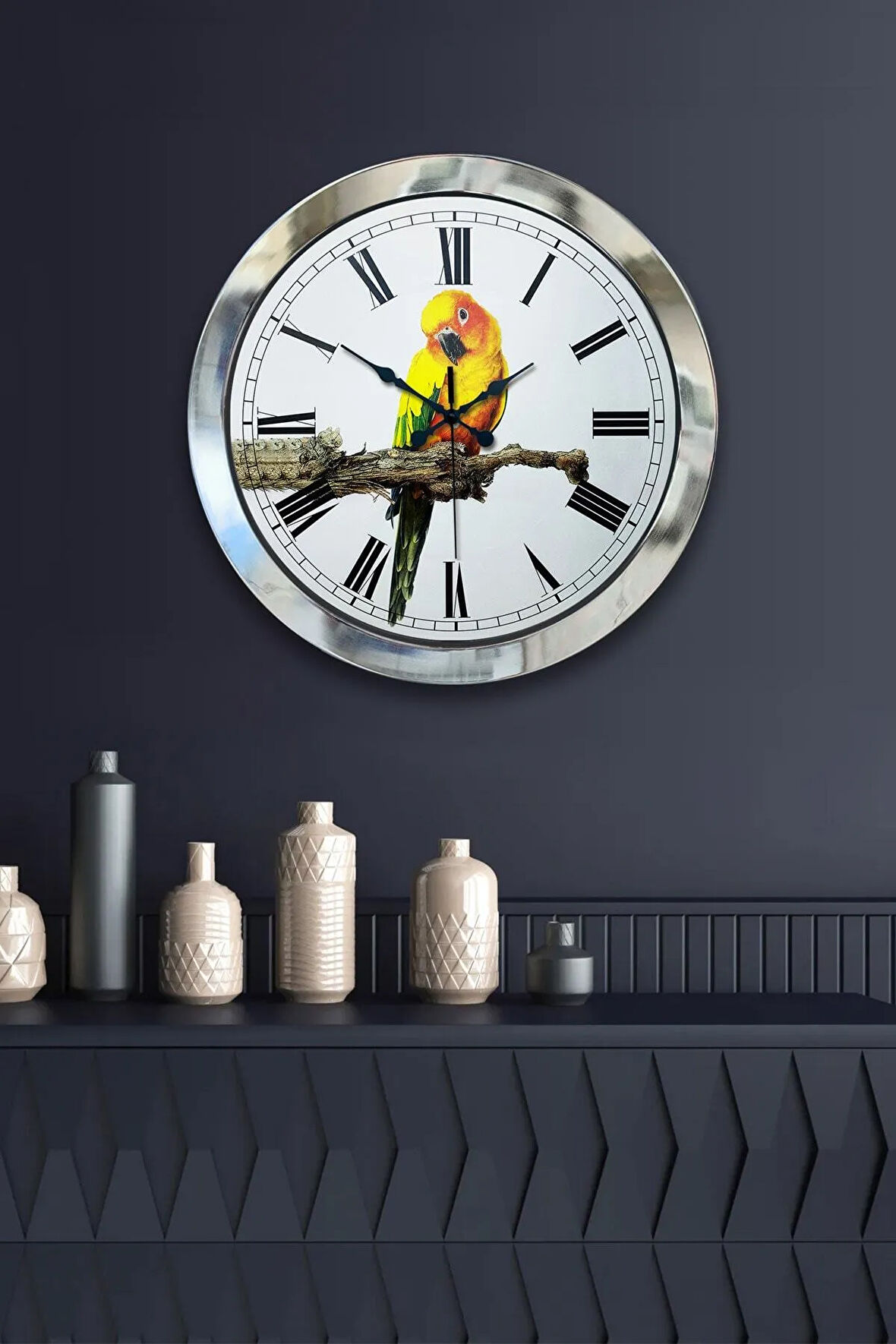 Hediyelik 36 Cm Krom Metal Kuş Duvar Saati