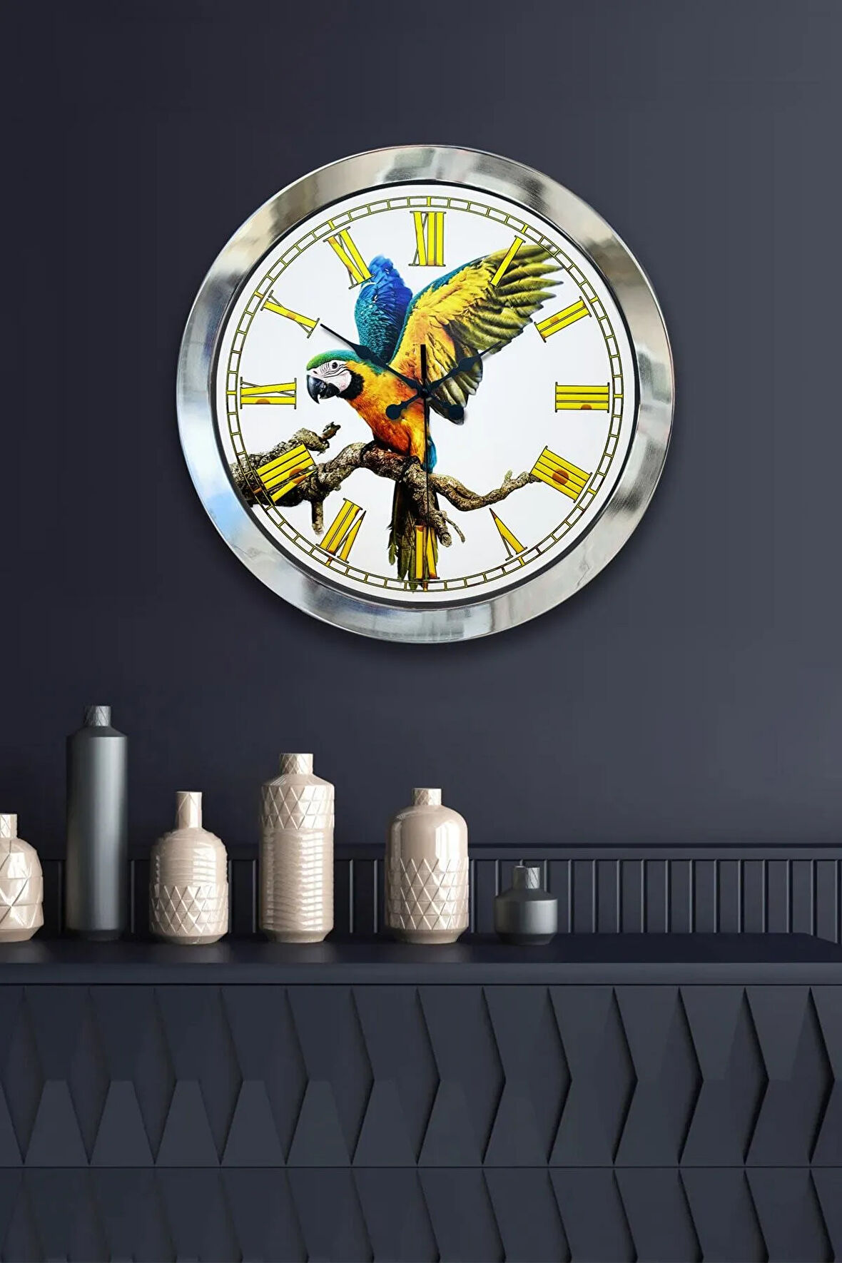 Hediyelik 36 Cm Krom Metal Papağan Duvar Saati
