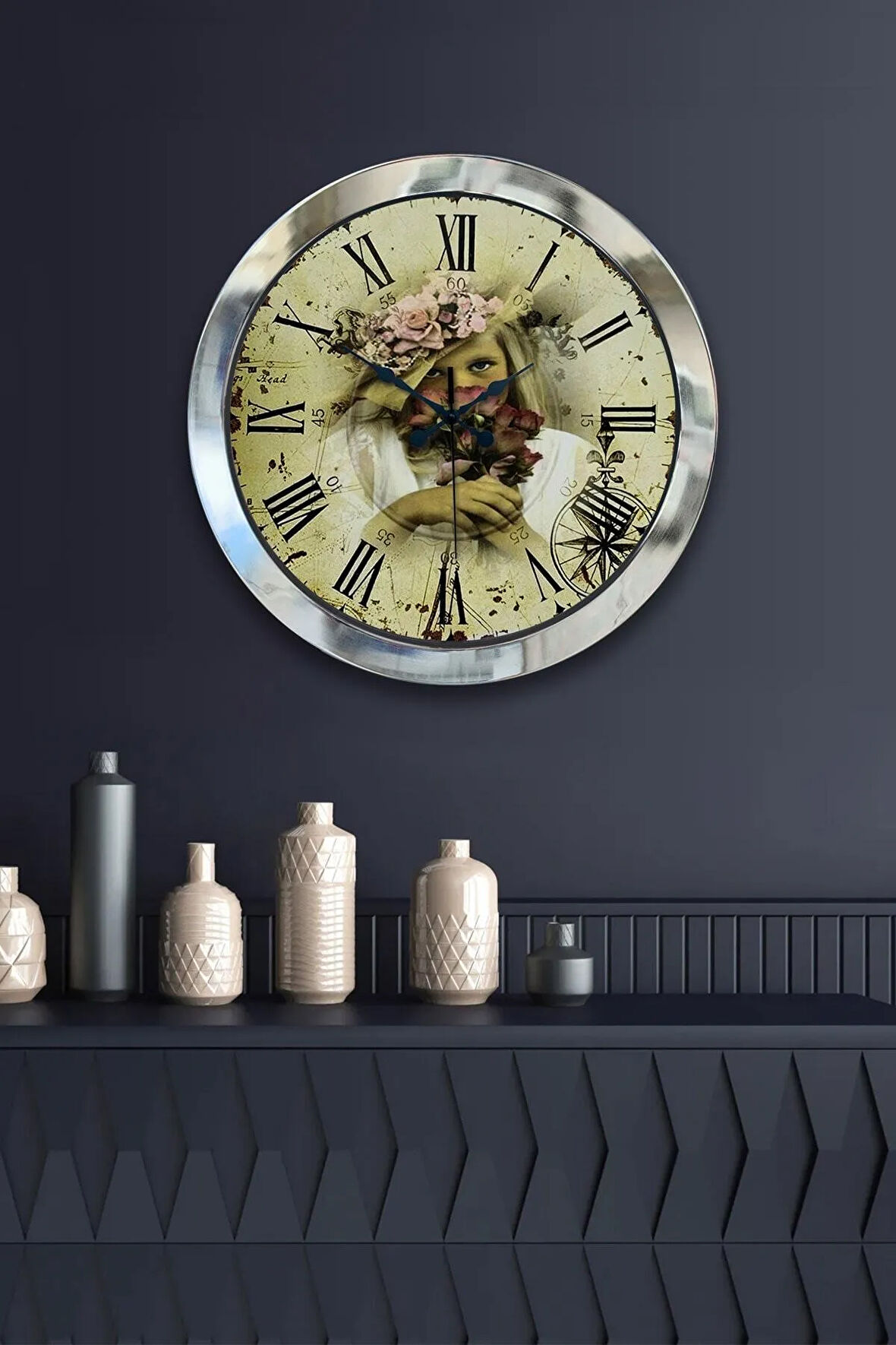 Hediyelik 36 Cm Krom Metal Romen Duvar Saati