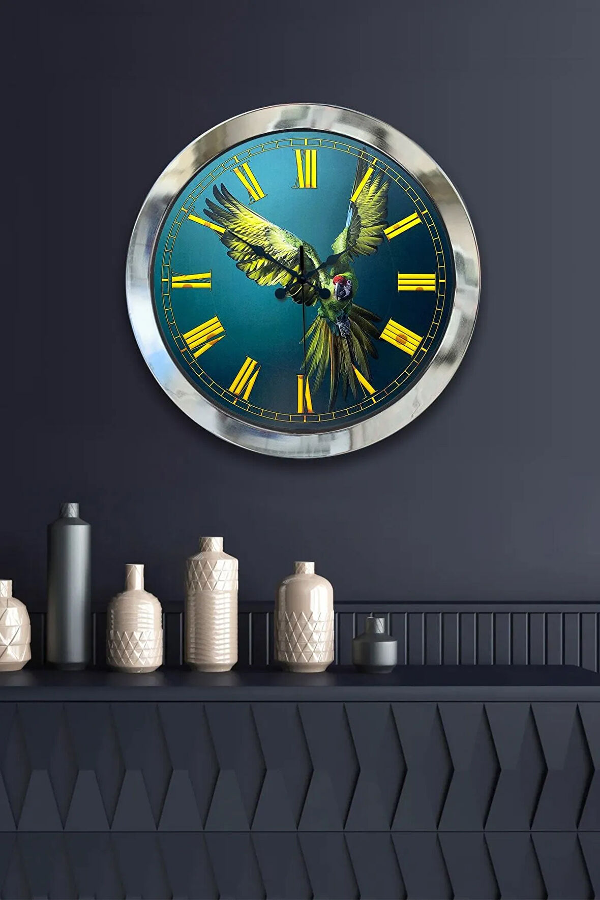 Hediyelik 36 Cm Krom Metal Papağan Duvar Saati