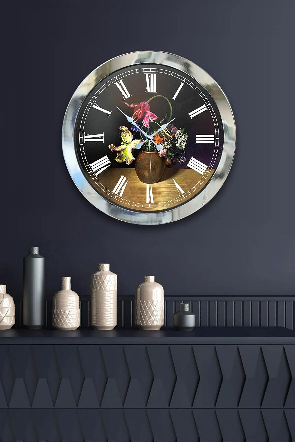 36 Cm Krom Metal Vazolu Çiçek Duvar Saati