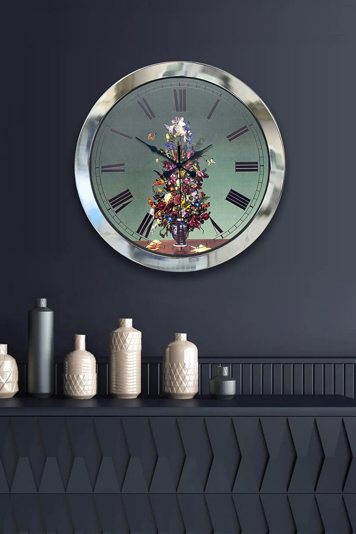 36 Cm Krom Metal Vazolu Çiçek Duvar Saati