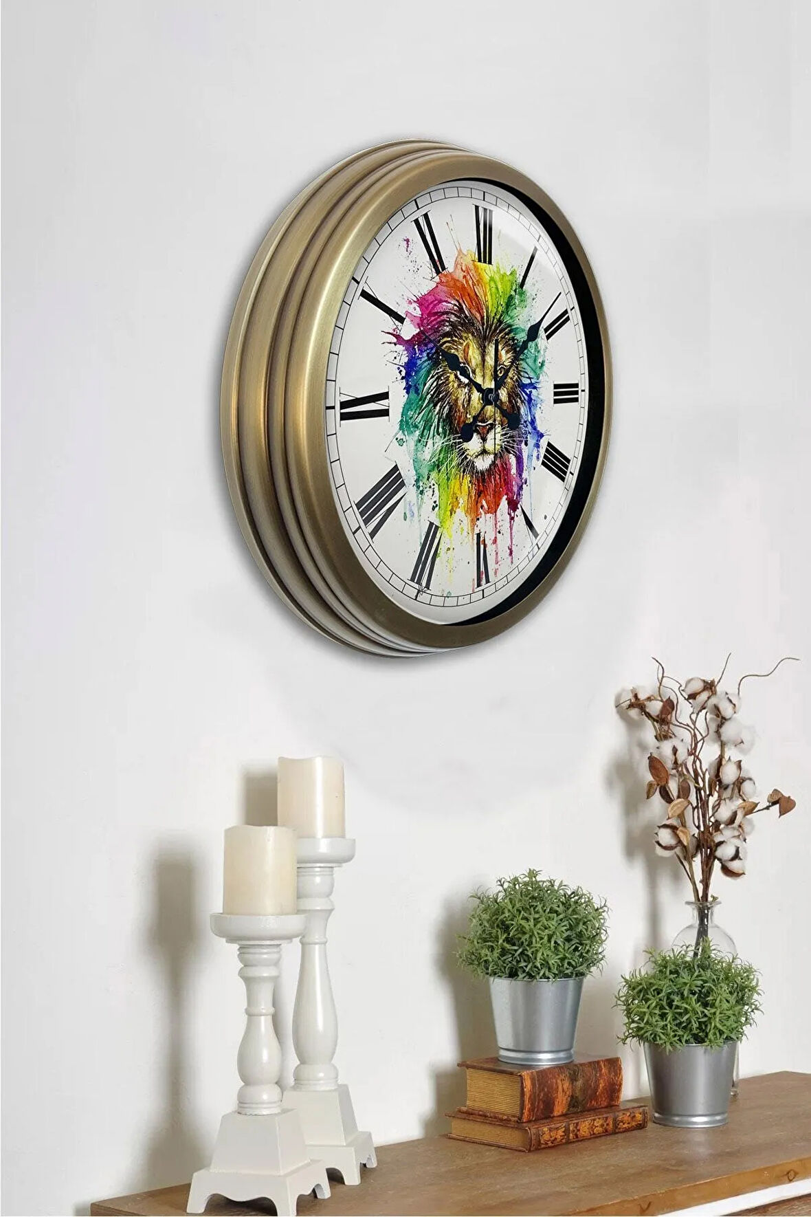 Aslan Motifli Metal Eskitme Duvar Saati 40 cm