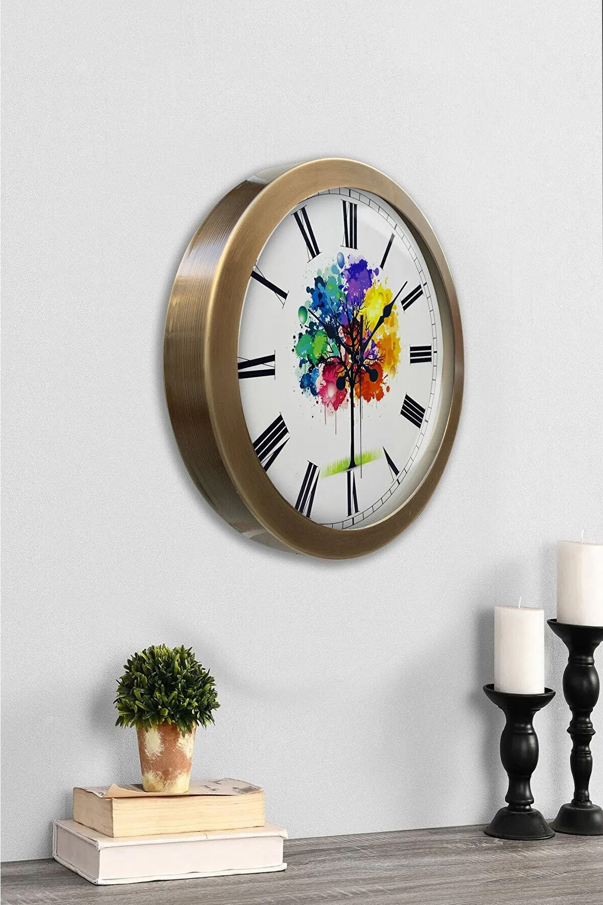 36 cm Eskitme Metal Renkli Ağaç Duvar Saati