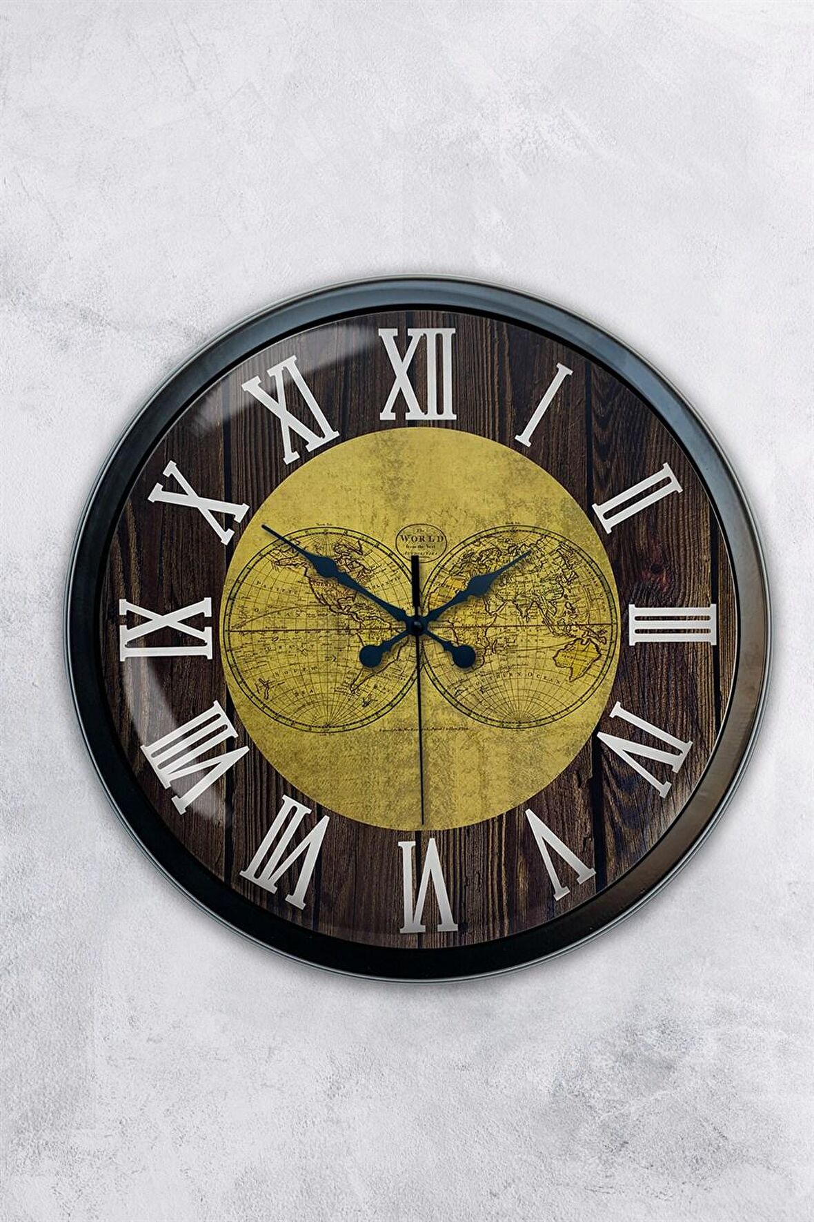40 Cm Siyah Metal World Maps Duvar Saati