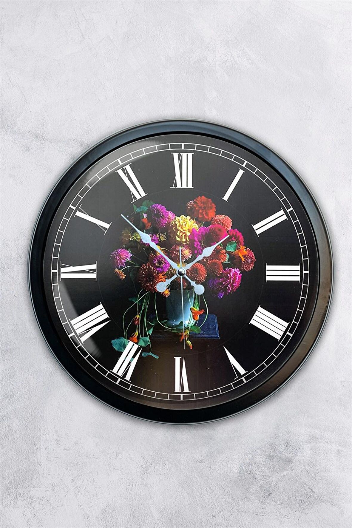 40 Cm Siyah Metal Vazolu Çiçek Duvar Saati