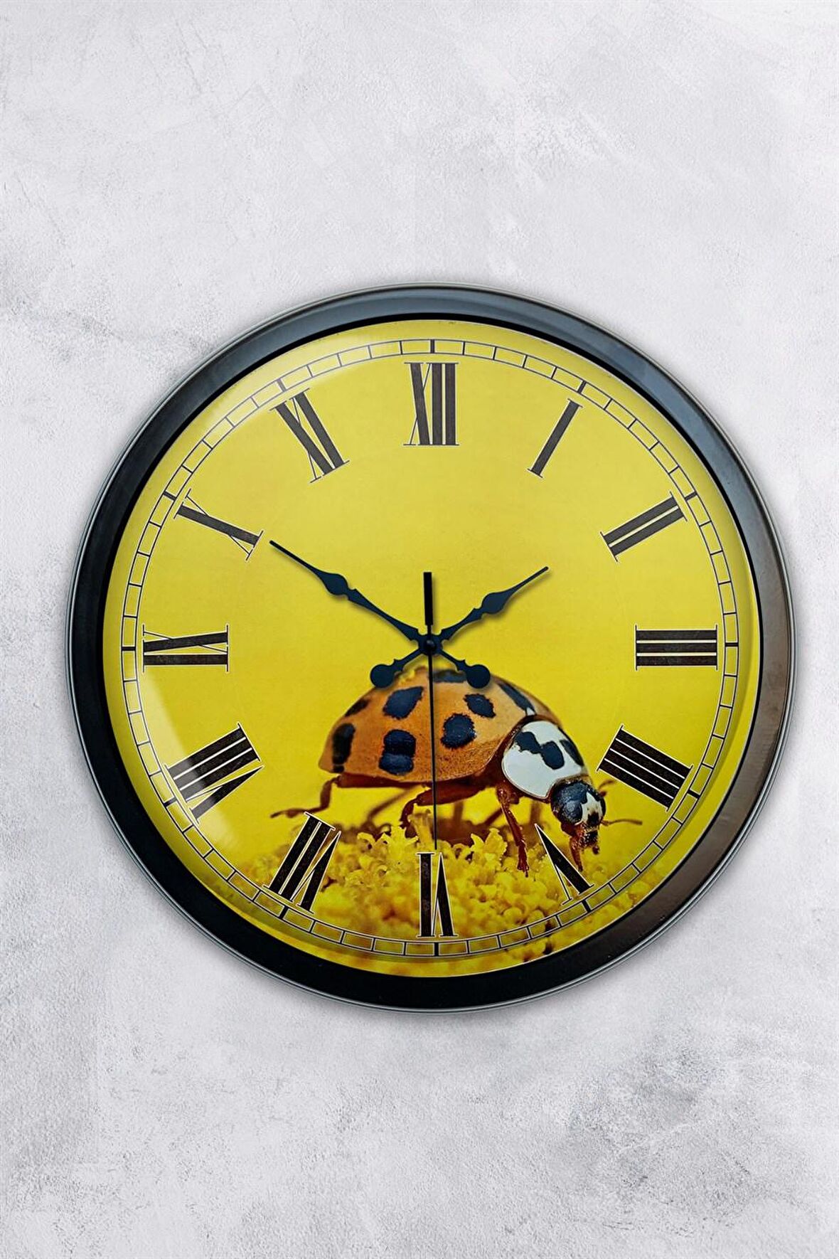 40 Cm Siyah Metal Uğur Böceği Duvar Saati