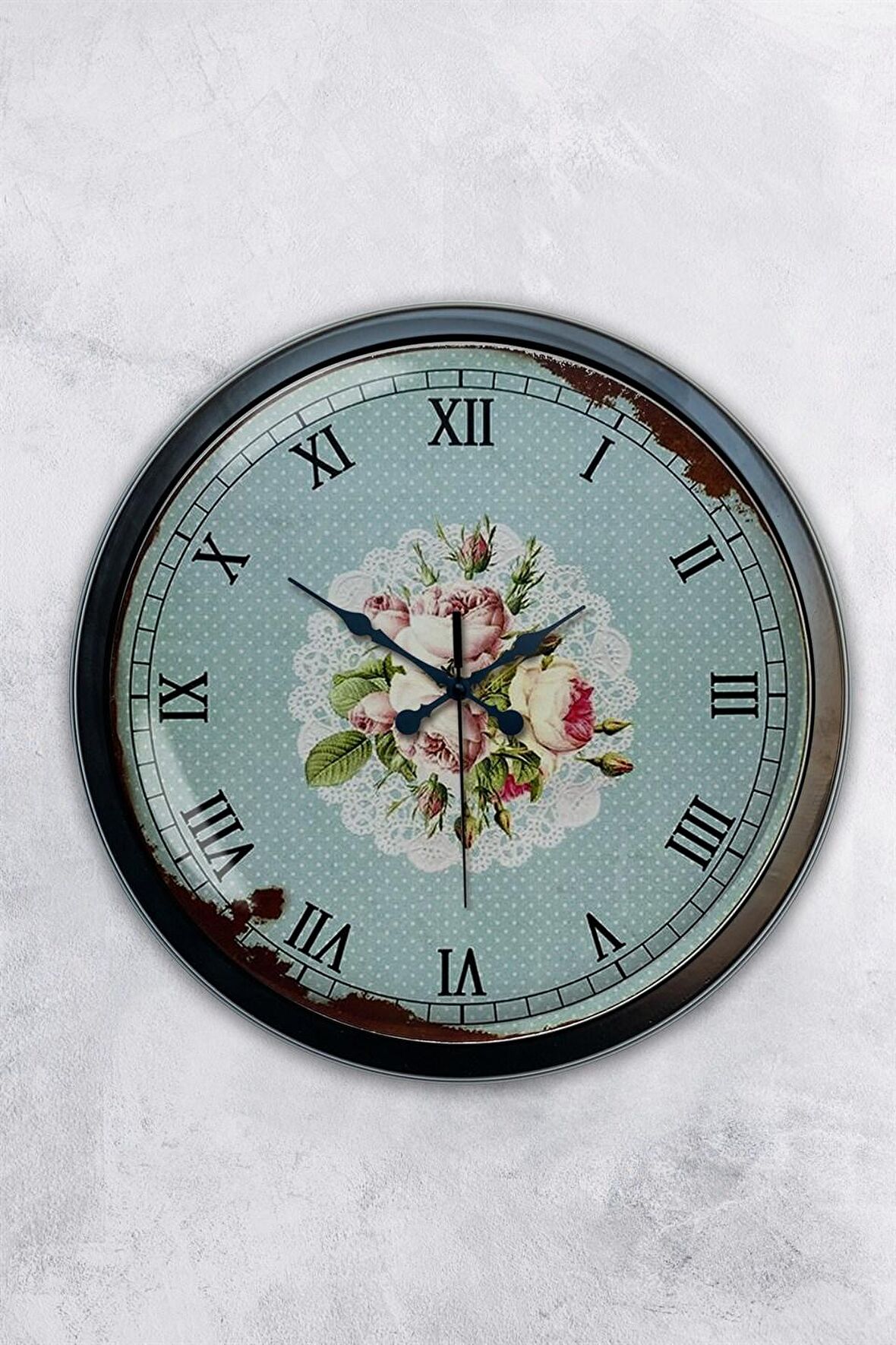 40 Cm Siyah Metal Pink Rose Duvar Saati